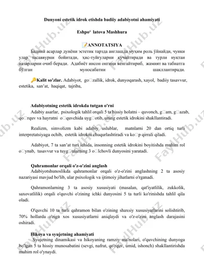 adabiyotning estetik idrokda tutgan o'rni — DOCX