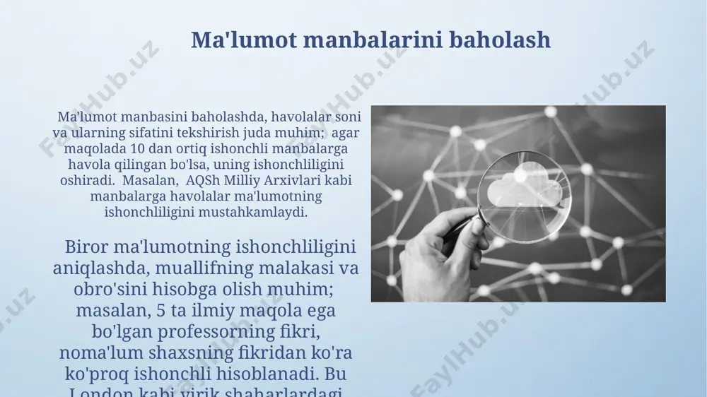 ro'sini tekshiring: masalan, .gov yoki .edu kabi domen nomlari, shuningdek, nashr etilgan sanasi va muallifning malakasi kabi omillarni hisobga oling. bu sizga ma'lumotning ishonchliligini baholashda yordam beradi. rasmiy statistik ma'lumotlardan foydalaning: davlat statistika qo'mitasi yoki bmt kabi ishonchli tashkilotlarning ma'lumotlaridan foydalaning. 2023-yilgi hisobotlarga qaraganda, bu manbalar ko'proq aniq va ishonchli ma'lumotlarni taqdim etadi. dezinformatsiya va propaganda bilan kurashish тадқиқотларга кўра, социал тармоқлардаги дезинформация ва пропаганданинг 70%и россия ва хитойдан тарқалади, бу эса жаҳон ахборот майдонига жиддий таъсир кўрсатади. markaziy osiyo мамлакатларида, хусусан ўзбекистонда, чет эл манбаларидан олинган ахборотларнинг ишончлилигини баҳолаш учун 20 дан ортиқ факт чекинг платформалари фаолият юритади. e'tiboringiz uchun rahmat @taqdimot_robot image4.png image5.jpg image6.jpg image7.jpg image8.jpg image9.jpg image10.jpg image11.jpg image12.jpg image13.jpg image14.jpg image3.jpeg