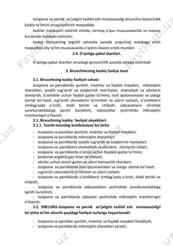 axassisligilar, rahbarlar va mijozlar bilan samimiy, xushmuomala va samarali muloqot qilish; uk-5. ta’lim olgan tilida fikrini og‘zaki va yozma ravishda ravon bayon qilish; uk-6. umuminsoniy fazilatlarga ega bo‘lish, o‘z millatini va vatanini sevish, u bilan faxrlanish, milliy urf-odatlar, qadriyatlarni hurmat qilish; uk-7. professional vazifalarni samarali bajarish uchun zarur bo‘ladigan ma’lumotlarni qidirish; uk-8. kasbiy faoliyatida axborot-kommunikatsiya texnologiyalarini qo‘llash; uk-9. kasbga doir hujjatlar bilan ishlash; uk-10. kasbiy faoliyatda xavfsizlik texnikasi va mehnat muhofazasi qoidalariga amal qilish ko‘nikmalariga ega bo‘lish; uk-11. sanoat va nosanoat tashkilotlarda vujudga keladigan chiqindilarni atrof-muhitga zarar yetkazmaslik choralarini koʻrish va utilizatsiya qilish; uk-12. sohaga oid ekologik madaniyatga rioya qilgan holda faoliyat olib borish. 4.2. issiqxona va parnik xo‘jaligini tashkil etish mutaxassisligi ta’lim dasturini o‘zlashtirgan bitiruvchi quyidagi kasbiy kompetensiyalarga ega bo‘lishi kerak. 4.2.1. texnik-texnolog kvalifikatsiyasi bo‘yicha: kk-1. issiqxona va parniklarda qurilish, inventar va foydali maydon koefitsientlarini hisoblash; kk-2. issiqxona va parniklarda mikroiqlim sharoitlarini tashkil etish; kk-3. issiqxona va parniklarda o‘simliklarni …