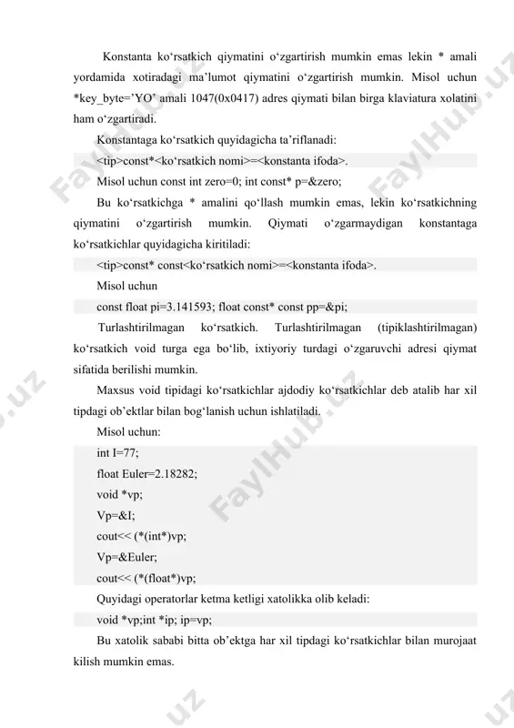 lgan xotirani bo‘shatish esdan chiqqudek bo‘lsa, bu xotira bekordan-bekorga sarflana boshlaydi, foydalanilmay qoladi, biroq, agar uning ko‘rsatkichi o‘z qiymatini o‘zgartirgan bo‘lsa, uni tizimga qaytarish mumkin emas. bu hodisa xotiraning yo‘qotilishi (utechka pamyati) degan maxsus nom bilan ataladi. pirovard natijada dastur xotira etishmagani tufayli avariya holatida tugallanadi (agar u ancha vaqt ishlayversa). ikki o‘lchovli dinamik massivlar. matritsani shakllantirishda oldin bir o‘lchovli massivlarga ko‘rsatuvchi ko‘rsatkichlar massivi uchun xotira ajratiladi, keyin esa parametrlissiklda bir o‘lchovli massivlarga xotira ajratiladi. misol: int n; cin>>n; double *matr[100]; for (i=0;i (* ko‘rsatkich nomi)(parametrlar spetsifikatsiyasi). misol uchun int (*point) (void). bu ta’rifda qavslar muxim ahamiyatga ega, chunki qavslar yozilmasa bu ta’rif parametrsiz funksiya prototipi deb karaladi. funksiyaga o‘zgaruvchi ko‘rsatkich qiymatlari sifatida, bir xil tipga ega bo‘lgan har xil funksiyalar adreslarini berilishi mumkin. qiymati biror funksiya adresiga teng bo‘lgan funksiyaga o‘zgaruvchi ko‘rsatkich shu funksiyaga murojaat kilish uchun ishlatilishi mumkin. dasturda funksiyaga kostanta ko‘rsatkich ya’ni nomlari orqali va o‘zgaruvchi ko‘rsatkichlar …