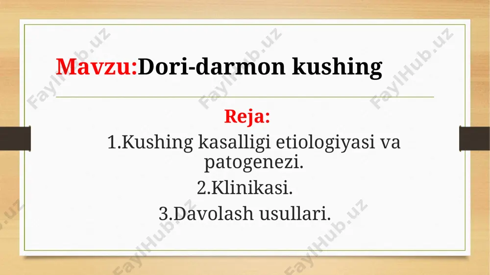 yasiga va kortizolning ortiqcha ishlab chiqarilishiga olib keladi. 3. qayta aloqa mexanizmining buzilishi: odatda, yuqori kortizol darajasi salbiy teskari aloqa orqali acth chiqarilishini inhibe qiladi. ammo kushing kasalligida bu mexanizm shish tufayli buziladi. 4. fiziologik ta'sirlar: ko'tarilgan kortizol turli metabolik o'zgarishlarga olib keladi, shu jumladan glyukoneogenezning kuchayishi, yog 'almashinuvining o'zgarishi va immunitetni bostirish xarakterli klinik belgilarga olib keladi. alomatlari kushing kasalligining asosiy alomatlari quyidagilar: oshqozon atrofida yog' to'planishi: giperlipidemiya va metabolik sindrom. qon bosimining oshishi: gipertoniya. o'zgaruvchan kayfiyat: depressiya, tashvish va asabiylik. terining o'zgarishlari: sariq rang, akne, cho'zilish belgilarining paydo bo'lishi. odatdagi vazn o'zgarishlari: tez vazn olish yoki yo'qotish. oyoqlarda shish: suv to'planishi. diagnostika. kushing kasalligini aniqlash uchun quyidagi tadqiqotlar o’tkaziladi: 1.qon tahlillari: kortizol va acth darajalarini o’lchash. 2.urinaliz: 24 soatlik urinada erkin kortizolni o’lchash. 3.o'zgaruvchan stress testlari: dexametazon testi. 4.tasviriy tadqiqotlar: mri yoki kt yordamida hipofiz va adrenal bezlarni tekshirish. deksametazonli sinama, isenko-kushing sindromini tashxislashda muhim rol o'ynaydi. ushbu …