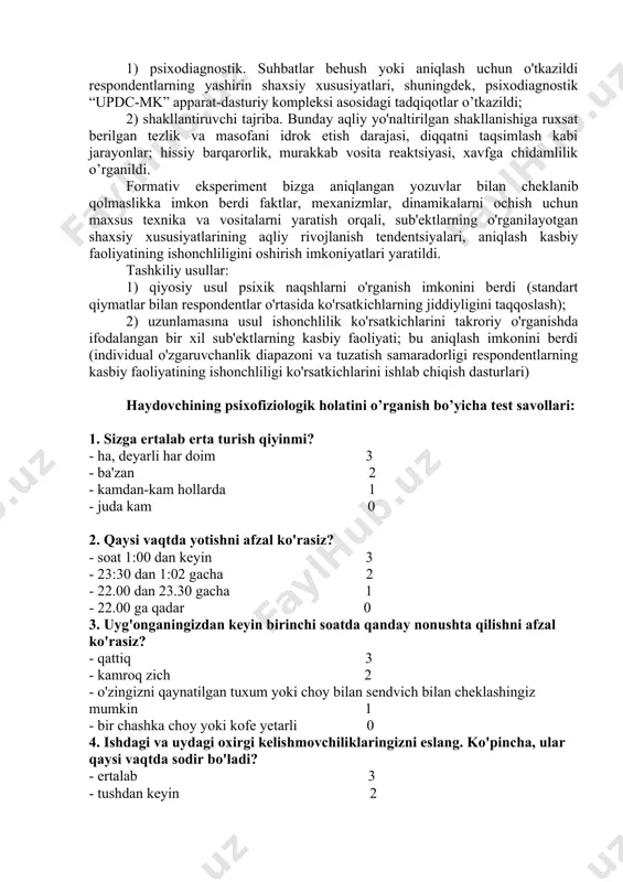 logik xususiyatlari (ob'ekt tadqiqot); psixomotor xususiyatlar (tadqiqot ob'ekti); asosiy kognitiv va axborot ruhiy jarayonlari (tadqiqot ob'ekti); asosiy nazorat guruhi tekshirilganlarning umumiy sonidan 48 kishidan iborat edi. nazorat guruhidagi sub'ektlar 18 yoshdan 61 yoshgacha bo'lganlar edi. eng ko'p sub'ektlar 22-30 yoshdagi shaxslar bo'lib, ularning ulushi 63,8% ni tashkil etdi. yosh toifasi 31-45 yosh (20,8%) va 46 yoshdan (15,4%) iborat.respondentlar asosan erkaklar (30 kishi) 62,5% va ayollar edi (18 kishi) nazorat guruhining 37,5 foizini tashkil etdi. empirik usullar: 1) psixodiagnostik. suhbatlar behush yoki aniqlash uchun o'tkazildi respondentlarning yashirin shaxsiy xususiyatlari, shuningdek, psixodiagnostik “updc-mk” apparat-dasturiy kompleksi asosidagi tadqiqotlar o’tkazildi; 2) shakllantiruvchi tajriba. bunday aqliy yo'naltirilgan shakllanishiga ruxsat berilgan tezlik va masofani idrok etish darajasi, diqqatni taqsimlash kabi jarayonlar; hissiy barqarorlik, murakkab vosita reaktsiyasi, xavfga chidamlilik o’rganildi. formativ eksperiment bizga aniqlangan yozuvlar bilan cheklanib qolmaslikka imkon berdi faktlar, mexanizmlar, dinamikalarni ochish uchun maxsus texnika va vositalarni yaratish orqali, sub'ektlarning o'rganilayotgan shaxsiy xususiyatlarining aqliy rivojlanish …