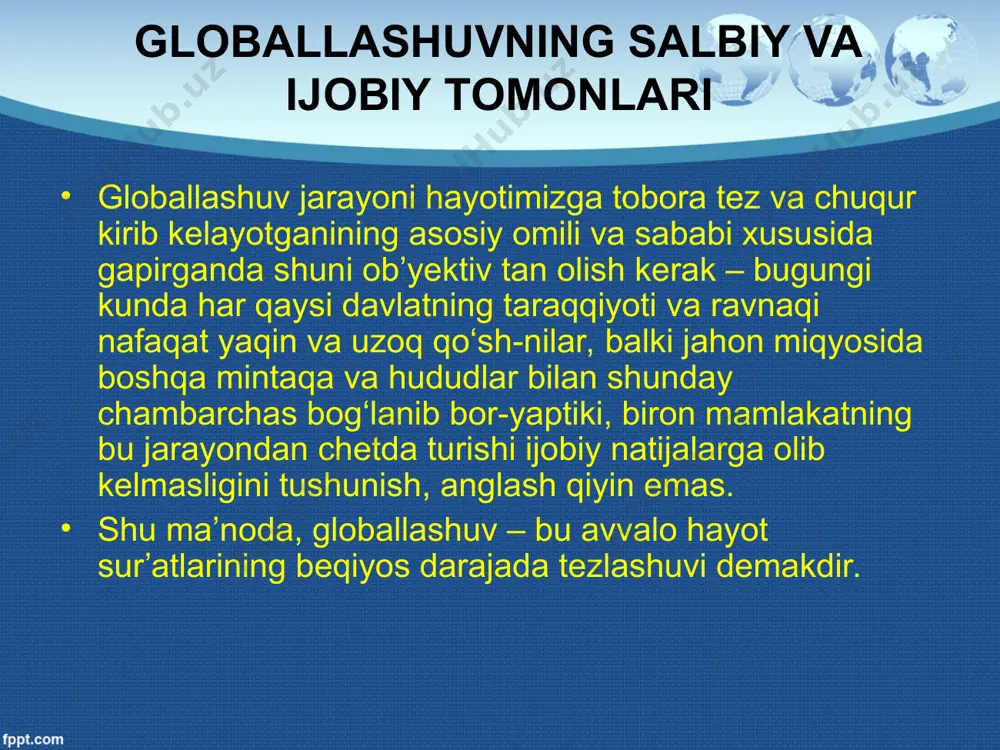 islohotlarning ma’naviy mezonlari haqida shuningdek bugungi globallashuv davrida ma’naviy olamimizni turli salbiy ta’sir va tahdidlardan asrash va himoya qilish bilan bog‘liq muammolar hususida batafsil to‘xtalib o‘tdik. globallashuvning salbiy va ijobiy tomonlari shuning uchun ham biz bugubgi kunda ta’lim-tarbiya sohasidan boshlab, matbuot, televidinye, internet va boshqa ommaviy axborot vositalari, teatr, kino, adabiyot, musiqa, rassomlik va haykaltaroshlik san’atigacha, bir so‘z bilan aytganda, insonning qalbi va tafakkuriga bevosita ta’sir o‘tkazadigan barcha sohalardagi faoliyatimizni xalqning ma’naviy ehtiyojlari, zamon talablari asosida yanada kuchaytirishimiz, yangi bosqichga ko‘tarishimiz zarur. ayniqsa, barcha davrlarda ham g‘oyat murakkab va mas’uliyatli bo‘lgan bu ishlarni o‘z zimmasiga olgan, eski qoliplardan voz kechib, bu sohada yangi yo‘llarni ochib berayotgan, odamlarning dunyoqarashini yanada boyitish uchun tinimsiz mehnat qilayotgan fidoyi insonlarning bir qarashda ko‘zga tashlanmaydigan, lekin katta qunt, bilim va tajribani talab qiladigan intilish va amaliy harakatlarini keng qo‘llab-quvvatlashimiz, ularning samarali natijalarga erishishi uchun har tomonlama sharoit yaratib berishimiz lozim. globallashuvning salbiy va ijobiy tomonlari …