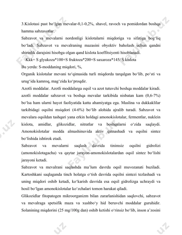 alin bo‘lib uning tarkibiga sinil kislotasi kiradi, shuning uchun achchiq bodomni iste’mol qilish zararlidir. xalq tabobatida achchiq bodom nafas qisishi kasalligini davolashda ishlatiladi. amigdalin glikozidi achchiq o‘rik danagida, shaftoli va olcha danagida ham bo‘ladi. sitrusli mevalar glikozidi-gesperidin va naringin flavonoidlar guruhiga mansub bo‘lib, r-vitamin aktivligiga ega. uni oksidlanishdan qand eritmasi amonokislotalar, oqsil, olitin gugurt birikmalari, kislotalar saqlaydi. r guruh vitaminlar. r vitaminlari katta bo‘lib, asosiylari rutin, kversitin, kversetrin hamda sitruslarni flavansidlari naringin, geperidindir. r vitamin aktivligini egalllagan 150 ga yaqin modda aniqlangan. insonning bir kunlik talabi 25 mg bo‘lib, uni yangi sabzavot, meva va choy hisobiga qondiriladi. sabzavot va mevalarni saqlaganda r vitamin aktivligi parchalanish va oksidlanish hisobiga kamayadi. sabzavot va mevalarni qayta ishlaganda r vitaminni yo‘qolishini past haroratda (70-850 s) termik ishlov berib, oksidlovchi fermentlarni ishini to‘xtatib yoki sulfitatsiya qilib kamaytirish mumkin. vitamin v9 yoki foliyeva kislota. vitamin v9 qizil va oq qon tanachalarini paydo bo‘lishini rag‘batlantiradi. bir kunliyek …