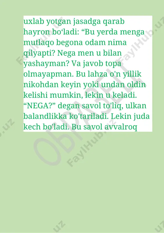 n dunyo tartibsiz emas. bu dunyo uyg'un va ierarxikdir, shuning uchun oila - barcha insoniy institutlarning eng qadimiysi - ham ma'lum qonunlarga, ma'lum bir ierarxiyaga muvofiq yashaydi. yaxshi rus maqoli bor: "er - xotinga cho'pon, xotin - er uchun gips". odatda, er oilaning boshlig'i, xotin esa uning yordamchisi. ayol oilani his-tuyg'ulari bilan oziqlantiradi, er o'z dunyosi bilan ortiqcha his-tuyg'ularni tinchlantiradi. er oldinda, xotin orqada. erkak oilaning tashqi dunyo bilan o'zaro munosabati uchun mas'uldir, ya'ni u oilani moddiy ta'minlaydi, uni himoya qiladi, xotin erni qo'llab-quvvatlaydi, uy ishlarini olib boradi. bolalarni tarbiyalashda ikkala ota-ona ham teng, uy-ro'zg'or masalalarida - har birining imkoni boricha ishtirok etadilar. rollarning bunday taqsimlanishi inson tabiatiga xosdir. turmush o'rtoqlarning o'zlarining tabiiy rollarini o'ynashni istamasligi, boshqasining rolini o'ynashga intilishi oiladagi odamlarni baxtsiz qiladi, moddiy tanglik, ichkilikbozlik, oiladagi zo'ravonlik, xiyonat, bolalarning ruhiy kasalligi, oilaning buzilishiga olib keladi. ko'rib turganimizdek, hech qanday texnik taraqqiyot axloqiy qonunlarning amal qilishini bekor qilmaydi. "qonunni …