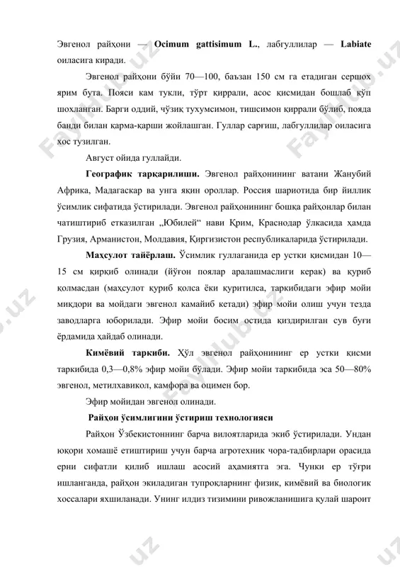 ган ерлар асосан бегона ўтлардан тоза бўлиши шарт. ерларни кузда ҳайдашдан олдин гектар ҳисобига 15—20 тонна чириган маҳаллий ўғит ва фосфор ўғитининг йиллик нормасини 70% ни, яъни 40—50 кг дан киргизиб, 25—27 см чуқурликда ҳайдаб қўйилади. райҳон уруғини парникларда сепиб, 40—45 кундан кейин эрта баҳорда ҳайдалган ерлар текисланиб, борона ва мола бостириб тупроқ ҳарорати (10—12 см қатламда) 15—17°с бўлганда унинг кўчатлари 70 x 70 см қилиб механизмлар ёрдамида ёки қўлда экилади ва ҳар бир уяга 2 тадан ўсимлик қолдирилади ва тез-тез суғорилиб турилади. райҳон ўсимлигини бегона ўтлар қоплаб кетмаслиги учун уни тозалаб туриш мақсадга мувофиқ бўлади. вегетация давомида 12—13 марта суғорилади ва 4—5 марта культивация қилинади. культиваторлар ёрдамида юмшатилади. райҳон минерал ва органик ўғитларга жуда талабчан экин ҳисобланади. унинг яхши ўсиши, ривожланиши ва кўпроқ кўк масса етиштиришда ўғитлаш тизимини тўғри белгилаш лозим бўлади. райҳонни шоналаш ва гуллаш фазаларида азотли, фосфорли ва калийли ўғитлар билан озиқлантирилади ва гектар ҳисобига 90 кг …