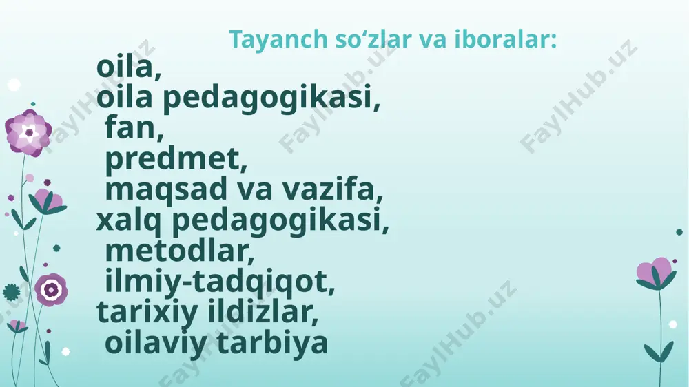 ka nazariyasi pedagogik mahorat pedagogik texnologiya pedagogika tarixi ijtimoiy pedagogika qiyosiy pedagogika pfo'm 3. oila pedagogikasining ilmiy-tadqiqot metodlari 3-topshiriq. oila pedagogikasining ilmiy-tadqiqot metodlari mavzusida 10 daqiqalik esse yozish. pedagogik kuzatish. suhbat metodi. anketa metodi. intervyu metodi. test metodi. pedagogik tajriba metodi. ijtimoiy-pedagogik retrospektiv metod. matematik-statistik metod xulosa demak, oila – hayotning abadiyligini, avlodlarning davomiyligini ta’minlaydigan, muqaddas urf-odatlarimizni saqlaydigan, shu bilan birga, kelajak nasllar qanday inson bo‘lib yetishishiga bevosita ta’sir ko‘rsatadigan tarbiya maskani sanaladi. oilaning yosh avlod tarbiyasida tutgan muhim o‘rni bu muhitda tashkil etiladigan tarbiya mohiyatini o‘rganishni taqozo etadi. shuni alohida ta’kidlab o‘tish joizki, oila tarbiyasini tashkil etishning samarali yo‘llari, ustuvor tamoyillari, shakl, metod va vositalarini o‘rganuvchi fan sifatida “oila pedagogikasi”ning shakllanishi mustaqil hayotga qadam qo‘yayotgan yoshlar, qolaversa, ota-onalarning pedagogik bilimlarini boyitishga xizmat qiladi. o‘z navbatida fan ijtimoiy, gumanitar, hatto, tabiiy fanlar bilan o‘zaro bog‘liqlik hamda aloqadorlikda rivojlanadi. “oila pedagogikasi” fanining istiqboli bevosita oila, oila munosabatlariga oid masalalarda turkum ilmiy …