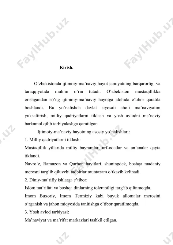 alki ijtimoiy-maʼnaviy turizm markazi hamdir. san’at va yoshlar: yoshlarning musiqa, teatr, tasviriy san’at va xalq amaliy san’atiga bo‘lgan qiziqishini oshirish uchun maxsus ijodiy maktablar va to‘garaklar tashkil etilgan. 3. yoshlar va ma’naviyat: yoshlar tashkilotlari: “yoshlar ittifoqi”, “ma’rifat” jamiyati va boshqa tashkilotlar yoshlar ma’naviyatini oshirish bo‘yicha faoliyat olib bormoqda. texnologiya va ma’rifat: yoshlar o‘rtasida zamonaviy texnologiyalar orqali ma’naviy-tarbiyaviy ishlar olib borilmoqda. raqamli davrda ma’naviyatni ommalashtirish uchun ijtimoiy tarmoqlar va mobil ilovalar orqali targ‘ibot ishlari kuchaytirilgan. sport va tarbiya: yoshlarni sog‘lom turmush tarziga jalb etish maqsadida sport tadbirlari tashkil etilib, ular orqali vatanparvarlik va jamoaviylik qadriyatlari targ‘ib qilinmoqda. 4. global ta’sir va milliy ma’naviyat: globallashuvning ijobiy va salbiy ta’siri: zamonaviy texnologiyalar va axborot oqimining ko‘payishi yosh avlod ma’naviyati va ongi uchun katta imkoniyatlar yaratmoqda. shu bilan birga, begona madaniyat va g‘oyalar oqimining kirib kelishi milliy ma’naviyatga tahdid ham tug‘dirishi mumkin. madaniy almashinuv: oʻzbekiston boshqa mamlakatlar bilan madaniy almashinuvlarni kuchaytirib, xalqaro maydonda o‘z …