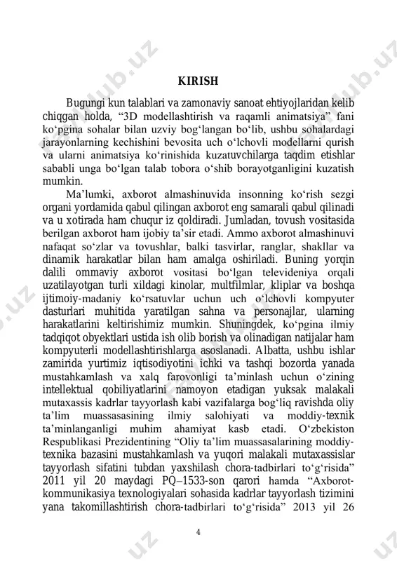 teristikalari bilan ishlaydi. bu xarakteristikalar nafaqat obyektning shakli va harakatini ifodalashda, balki uning yoritilganlik jarayonini modellashtirishda ham hisobga olinadi. obyekt geometriyasi bilan ishlash uchun geometrik modellashtirish apparatidan foydalaniladi, va o‘lchamlari bilan berilgan geometrik obyektni matematik modellashtirishdir. geometrik obyektlarni tasvirlashda uning shaklidan tashqari o‘zini tutishini ham hisobga 6 olish kerak: uchta koordinata o‘qlariga nisbatan (oltita erkinlik darajasi) ko‘chishi va burilishi hamda metamarfoza (rivojlanish natijasida boshqa ko‘rinishga o‘tishi, boshqa tusga kirish) jarayonida geometrik xarakteristikalarini o‘zgartirishi kabilarni. ko‘chish va burish nafaqat harakatni tasvirlash uchun kerak, balki ular yordamida sodda tashkil etuvchilar – primitivlardan murakkab obyektlar yig‘iladi. fazoviy obyektlarning obrazini ekran tekisligida (3d→2d) hosil qilish uchun yana bir geometrik almashtirish – proeksiyalash qo‘llaniladi. geometrik obyektlar nafaqat geometrik xarakterlanadi, balki vizual xossalari – rangi, teksturasi, yorqinligi bilan ham xarakterlanadi. ushbu qo‘llanmada bu xossalar mufassal qaralmaydi. asosiy e’tibor tekis poligonlar, ikkinchi tartibli sirtlar va bikubik splaynlar asosidagi sirt modellari ko‘rinishida ifodalangan grafik obyektlarining matematik tavsiflashga qaratiladi. …