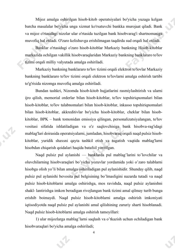 , naqd pulsiz pul aylanishi bevosita pul belgisining bo’lmasligini nazarda tutadi va naqd pulsiz hisob-kitoblarni amalga oshirishga, mos ravishda, naqd pulsiz aylanishni shakl- lantirishga imkon beradigan rivojlangan bank tizimi amal qilmay turib bunga erishib boimaydi. naqd pulsiz hisob-kitoblarni amalga oshirish imkoniyati iqtisodiyotda naqd pulsiz pul aylanishi amal qilishining zaruriy sharti hisoblanadi. naqd pulsiz hisob-kitoblarni amalga oshirish tamoyillari: 1) ular mijozlarga mablag’larni saqlash va o’tkazish uchun ochiladigan bank hisobvaraqlari bo'yicha amalga oshiriladi; 2) hisobvaraqlardan to'lovlar banklar tomonidan hisobvaraqlar egalarining farmoyishi bo'yicha to’lovlarning ular belgilagan navbatliligi tartibida va hisobvaraqdagi mablaglarning qoldig’i doirasida amalga oshirilishi lozim; 3) banklar mijozlarning shartnomali munosabatlariga aralash- maydi; 4) tomovning shartnomalarda, moliya vazirligi yo'riqnomalarida nazarda tutilgan muddatlar asosidagi muddatliligi; 5) tomovning ta’minlanganligi, to’lovchida (yoki uning kafilida) pullarni oluvchi oididagi majburiyatlarni uzish uchun qomlanilishi mumkin likvidli mablagmarning mavjudligi. shunday qilib, naqd pulsiz aylanish tomovning ushbu tamoyillari va shartlarining bajarilishini nazarda tutadi. iste’molchilar bilan sotuvchilar o’rtasida naqd pulsiz hisob-kitobning amal …