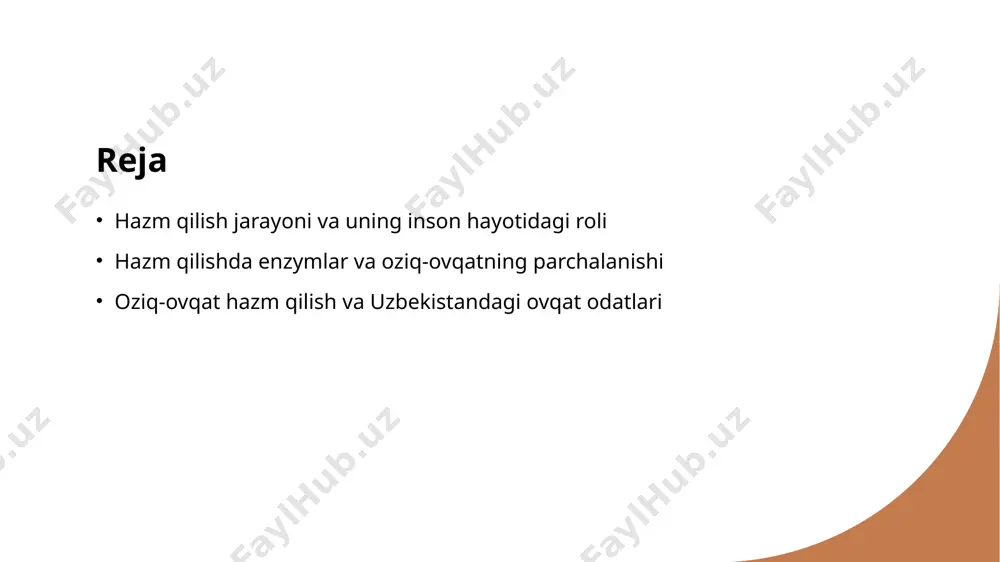 sh muammolari individual davolash va dietologiya bilan yondashiladi, sog'liqni saqlashda muhim ahamiyatga ega. enzim va hazm qilish enzimlar hazm jarayonini tezlashtiradi, oziq-ovqat moddalarini ajratishda yordam beradi va ovqat hazm qilish muammolarini bartaraf etadi. odam organizmida hazm qilish jarayonining muvofiqligi va metabolizmning ahamiyati 1 hazm jarayonining muvofiqligi odam organizmida hazm qilish jarayoni muvofiqligi sog‘liq uchun muhim, ular birgalikda ishlash orqali oziq-ovqatdan maksimal foyda olinishini ta'minlaydi. 2 metabolizmning roli metabolizm oziq-ovqat moddalarini energiya va qattiq moddalarga aylantirib, organizm ehtiyojlarini qondirishda asosiy rol o‘ynaydi. 3 muvofiqlik va energiya hazm va metabolizm muvofiqligi energiya ishlab chiqarish va organizmning umumiy faoliyatini qo‘llab-quvvatlash uchun muhim bo‘lib, sog‘liqni mustahkamlashga yordam beradi. enzymlarning hazm qilishdagi roli va oziq-ovqat parchalanishini ta'minlash 1 enzymlar va hazm qilish enzymlar – biologik katalizatorlar bo‘lib, ular oziq-ovqat moddalarini qisqa vaqt ichida ajratishga yordam beradi, hazm qilish jarayonini samarali qiladi. 2 enzymlarning ishlash mexanizmi enzymlar oziq-ovqat tarkibidagi murakkab molekulalarni kichikroq komponentlarga parchalaydi, bu esa …