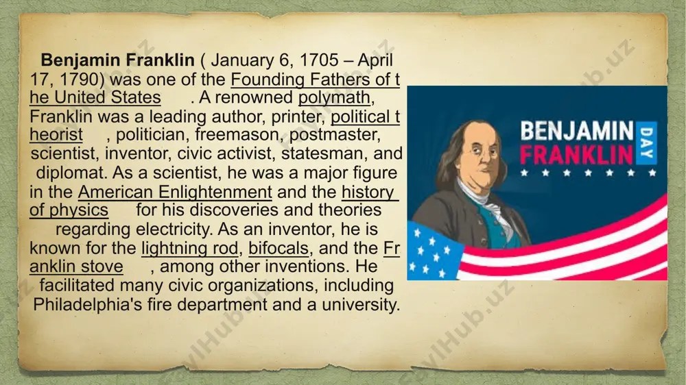 e was not satisfied by the immediate prospects. after a few months, while working in a printing house, franklin was convinced by pennsylvania governor sir william keith to go to london, ostensibly to acquire the equipment necessary for establishing another newspaper in philadelphia. finding keith's promises of backing a newspaper empty, franklin worked as a typesetter in a printer's shop in what is now the church of st bartholomew-the-great in the smithfield area of london. following this, he returned to philadelphia in 1726 with the help of thomas denham, a merchant who employed franklin as clerk, shopkeeper, and bookkeeper in his business. newspaperman upon denham's death, franklin returned to his former trade. in 1728, franklin had set up a printing house in partnership with hugh meredith; the following year he became the publisher of a newspaper called the pennsylvania gazette. the gazette gave franklin a forum for agitation about a …