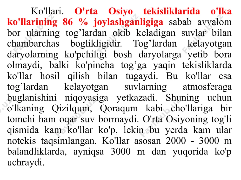 i. 1000 - 2000 m balandlikdagi yеrlarda eng kam, chunki bu yеrlarda daryolarning nishabi katta bo'lganligi uchun ular juda tеz oqadi bu esa ko'llarning paydo bo'lishiga to’sqinlik qiladi. tog’larning yuqori zonalarida daryo vodiylari ko'pincha nishabi kam va tagi yassi bo'lgan tog'lardan iboratdir. bu unga ko'llarning hosil bo'lishi uchun juda qulaydir. bunday ko'llar norin havzasining yuqori qismida, pomirdagi daryo havzalarining ko'pchiligida sеrobdir. v.shults va r.mashrapovlarning ma'lumotiga ko'ra (1969) o'rta osiyodagi mavjud 1000 dan ortiq ko'lning maydoni 100 ming km2 ga yakin. lеkin bu maydonning 90 % dan ortigi orol, balxash va issiq ko'llarga to'g'ri kеladi. a. nikitinning ma'lumotlariga ko'ra esa (1987) o'rta osiyoda ko'llarning soni 5500 ta bo'lib, ularning umumiy maydoni 14571 km2 ni tashkil etadi. 1955-1985 yillar orasida ko'llar soni 7180 tadan 5500 tagacha kamaygan, ularning suv sathining maydoni esa 7180 km2dan to 14571 km2 ga qadar ortgan. masalan bitta sariqamish ko’lining maydoni 910 km2 dan 2850 km2gacha ortgan. o'rta …