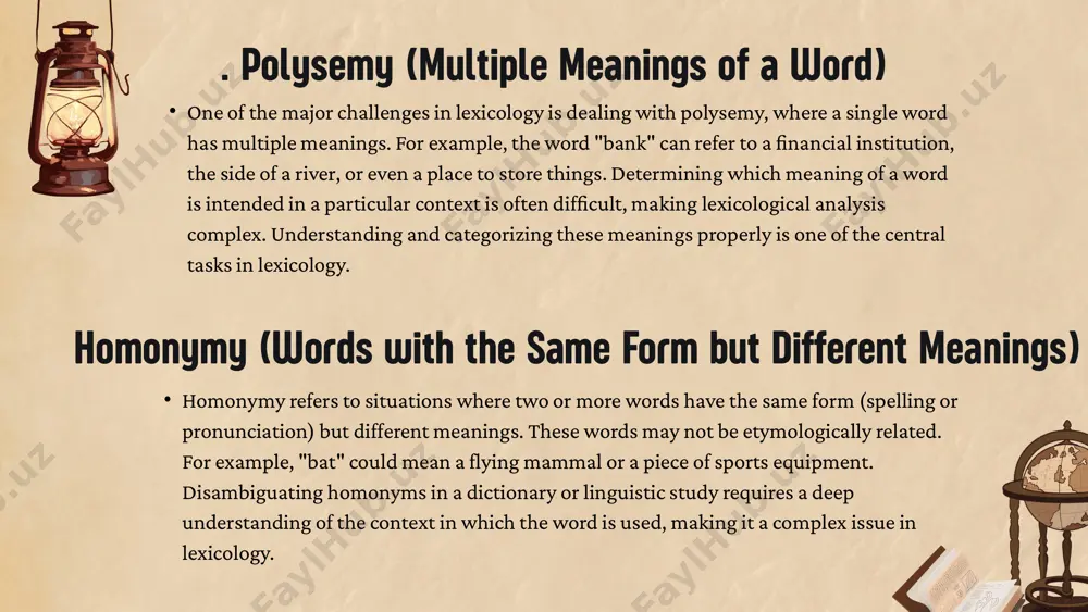 ve vocabulary, creating complexities in classification given the complexity of polysemy and homonymy, word-sense disambiguation becomes an essential task in lexicology. word-sense disambiguation refers to the process of determining which meaning of a word is intended in a particular context. this task becomes complicated because many words have multiple meanings, and the context in which they appear is essential to determining the correct sense. accurately capturing these meanings in a dictionary is a complex and ongoing challenge. synonymy and antonymy the study of synonyms (words with similar meanings) and antonyms (words with opposite meanings) also presents challenges. while some synonyms can be used interchangeably, many have subtle distinctions that make them context-dependent. for example, "happy" and "joyful" may appear to be synonyms, but they can carry different connotations and be used in different contexts. similarly, antonyms can be gradable (e.g., "hot/cold") or complementary (e.g., "dead/alive"), which further complicates their study. …