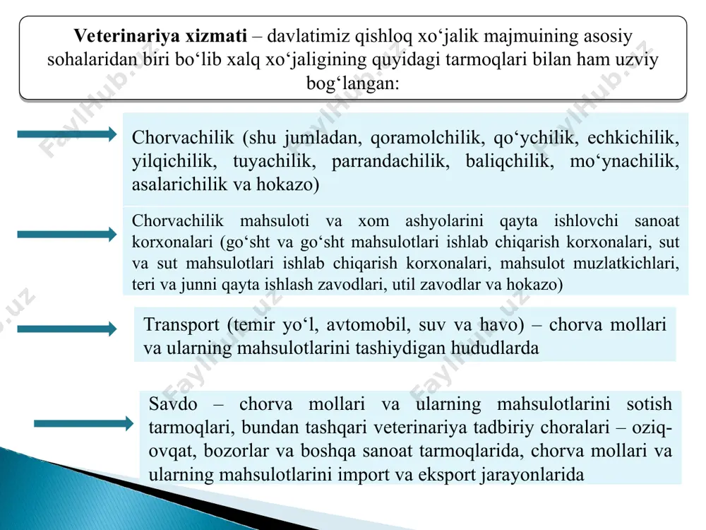 tadbirkorlik sub’ektlari tomonidan litsenziya talablari va shartlari bajarilishi ustidan nazoratni amalga oshiradi; veterinariya sohasidagi ilmiy tadqiqotlarni rivojlantirishga ko‘maklashadi. davlat veterinariya inspektorlari veterinariya va chorvachilikni rivojlantirish qo‘mitasining raisi – o‘zbekiston respublikasining bosh davlat veterinariya inspektori, uning o‘rinbosarlari – o‘zbekiston respublikasi bosh davlat veterinariya inspektorining o‘rinbosarlari (raisning iqtisodiy masalalar bo‘yicha o‘rinbosari bundan mustasno), veterinariya va chorvachilikni rivojlantirish qo‘mitasi davlat veterinariya nazorati boshqarmasining veterinar mutaxassislari – o‘z vakolatlari doirasida davlat veterinariya inspektorlari hisoblanadi. davlat chegarasi va transportdagi davlat veterinariya nazorati boshqarmasi boshlig‘i – davlat chegarasidagi va transportdagi bosh davlat veterinariya inspektori, uning o‘rinbosarlari – davlat chegarasi va transportdagi bosh davlat veterinariya inspektorining o‘rinbosarlari hisoblanadi. qoraqalpog‘iston respublikasi veterinariya va chorvachilikni rivojlantirish davlat qo‘mitasining raisi, viloyatlar va toshkent shahar veterinariya va chorvachilikni rivojlantirish boshqarmalarining boshliqlari – qoraqalpog‘iston respublikasi, viloyatlar va toshkent shahar bosh davlat veterinariya inspektorlari, ularning o‘rinbosarlari – tegishincha qoraqalpog‘iston respublikasi, viloyatlar va toshkent shahar bosh davlat veterinariya inspektorlarining o‘rinbosarlari hisoblanadi. tumanlar (shaharlar) veterinariya …