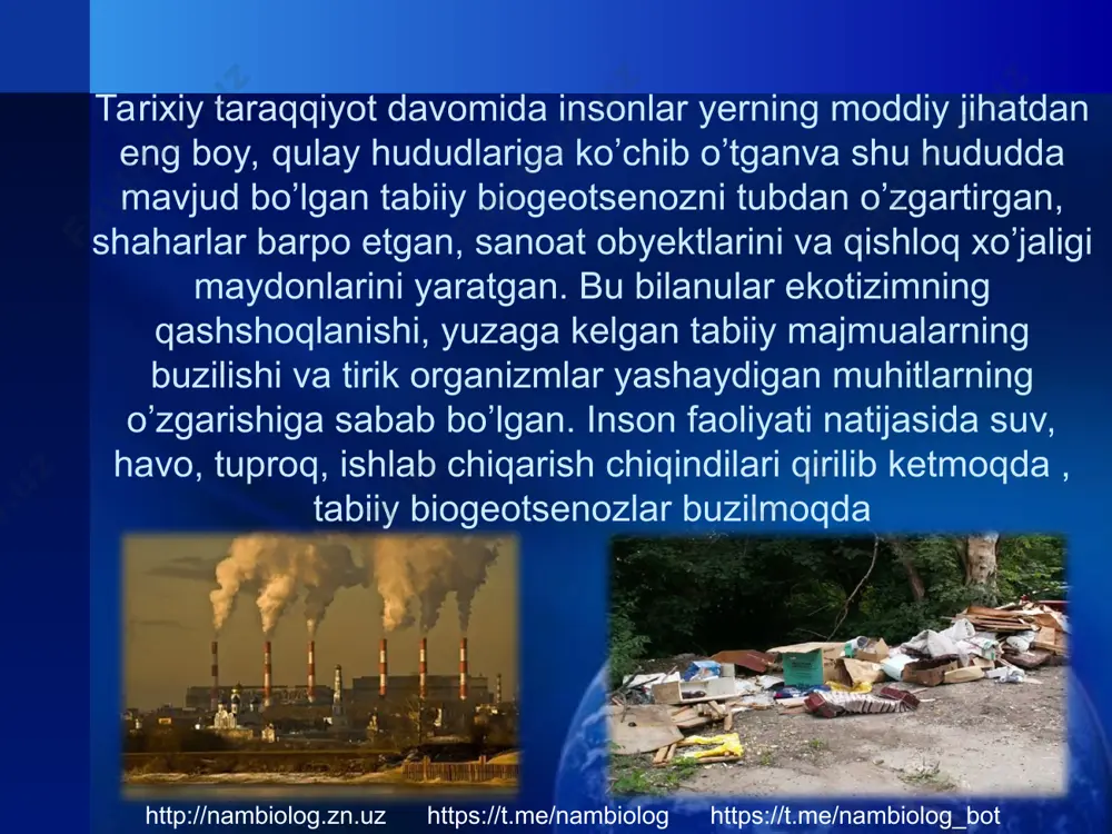 olog.zn.uz https://t.me/nambiolog https://t.me/nambiolog_bot atmosferaning ifloslanishi http://nambiolog.zn.uz https://t.me/nambiolog https://t.me/nambiolog_bot d atmosfera ifloslanishiga asosiy sababchilar atmosferaning ifloslanishi http://nambiolog.zn.uz https://t.me/nambiolog https://t.me/nambiolog_bot a b c atmosferani ekologiya tomonidan ifloslanishi atmosferaning ifloslanishi http://nambiolog.zn.uz https://t.me/nambiolog https://t.me/nambiolog_bot atmosferaning ifloslanishi natijasida: ifloslangan atmosfera http://nambiolog.zn.uz https://t.me/nambiolog https://t.me/nambiolog_bot * atmosferaning ifloslanishi http://nambiolog.zn.uz https://t.me/nambiolog https://t.me/nambiolog_bot http://nambiolog.zn.uz https://t.me/nambiolog https://t.me/nambiolog_bot girdosferaning ifloslanishi http://nambiolog.zn.uz https://t.me/nambiolog https://t.me/nambiolog_bot * d gidrosfera ifloslanishiga asosiy sababchilar girdosferaning ifloslanishi http://nambiolog.zn.uz https://t.me/nambiolog https://t.me/nambiolog_bot a b c l girdosferaning ifloslanishi http://nambiolog.zn.uz https://t.me/nambiolog https://t.me/nambiolog_bot * girdosferaning ifloslanishi http://nambiolog.zn.uz https://t.me/nambiolog https://t.me/nambiolog_bot girdosferaning ifloslanishi shimoliy afrika shimoliy amerika janubiy amerika osiyo yevropa rossiya davlatlar komunnal chiqindilar qishloq xo’jaligi uchun sarflanadigan suvlar ichimlik suvlarining sarflanishi http://nambiolog.zn.uz https://t.me/nambiolog https://t.me/nambiolog_bot girdosferaning ifloslanishi http://nambiolog.zn.uz https://t.me/nambiolog https://t.me/nambiolog_bot http://nambiolog.zn.uz https://t.me/nambiolog https://t.me/nambiolog_bot d litosferani ifloslanishiga asosiy sababchilar litosferaning ifloslanishi http://nambiolog.zn.uz https://t.me/nambiolog https://t.me/nambiolog_bot a b c atmosferaning ifloslanishi http://nambiolog.zn.uz https://t.me/nambiolog https://t.me/nambiolog_bot litosferaning ifloslanishi http://nambiolog.zn.uz https://t.m