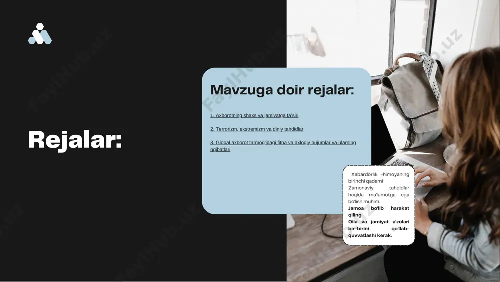 sda svetoforlar 2006 yil yo‘l harakatlari bo‘yicha tashkilotning 2 nafar muhandisi protest harakati sifatida shahar svetoforlari tizimini ishdan chiqardi. shahar muhim nuqtalaridagi bir qancha svetoforlar ishlash dasturini o‘zgartirib, natijada ular doimiy ravishda qizil rangda yonish holati kuzatilgan. oqibatda jiddiy yo‘l harakati tarmog‘i buzilishi, tirbandliklar va tez yordam xizmati faoliyati izdan chiqishiga olib kelgan. himoya mexanizm lari: tanqidiy fikrlash ma'lumot manbai va maqsadini aniqlash savollar berish har bir masalani har tomonlama tahlil qilish turli nuqtai nazarlarni o'rg anish ishonchli manbalarga murojaat qilish faktlarni tekshirish ma'naviy immunitetni shakllantirish o'zbek xalqining boy madaniy merosiga ega ekanligini va uning qadimiy tarixini bilish ma'naviy immunitet uchun poydevor bo'ladi. milliy adabiyot va tariximizni o'rg anish oilaviy qadriyatlarni mustahkamlash kattalarni hurmat qilish, oila a'zolari bilan samimiy munosabatlar o'rnatish, milliy an'analarni davom ettirish muhimdir. ijtimoiy aloqalarni rivojlantirish haqiqiy do'stlikni qadrlash, mahalliy jamoalar bilan bog'lanish, real muloqotni virtual muloqotdan ustun qo'yish kerak. 01 02 03 axborot manbalarini filtrlash ijtimoiy …