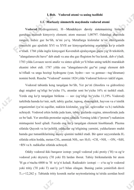vodorod erkin holda juda kam, tabiiy gazlarda ozgina, atmosferada juda oz boʻladi. yer atrofida protonlar oqimi sifatida yerning ichki ("proton") radiatsion mintaqasini hosil qiladi. fazoda eng koʻp tarqalgan element hisoblanadi. plazma sifatida quyosh va koʻpchilik yulduzlar ogʻirligining yarmini, yulduzlararo muhit hamda gaz tumanliklarining asosiy qismini tashkil etadi. bir qator sayyoralarda h2 sifatida erkin hodda, metan ch4, ammiak nh3, suv h2o, =ch, =nh, —on, =sih, =rn va b. radikallar sifatida uchraydi. oddiy vodorod ikki barqaror izotop: yengil vodorod yoki protiy (1h) va ogʻir vodorod yoki deyteriy (2h yoki d) lardan iborat. tabiiy birikmalarida bir atom 2h ga oʻrtacha 6800 ta 1h toʻgʻri keladi. radioaktiv izotopi — oʻta ogʻir vodorod yoki tritiy (3h yoki t) sunʼiy yoʻl bilan olingan. buning yarim yemirilish davri t1/2=12,262 y. tabiatda tritiy kosmik nurlar neytronlarining taʼsirida azotdan hosil boʻladi. juda beqaror izotopi 4h ham olingan. vodorod atomi boshqa elementlarinikiga nisbatan oddiy boʻlib, yadro va bitta elektrondan iborat. …