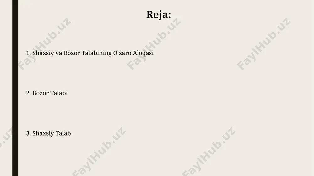 zig'i chapga siljiydi, bu esa 20% ga yaqin talabning kamayishini ko'rsatadi, jumladan farg'ona vodiysidagi fermerlarga ta'sir qiladi. shaxsiy va bozor talabining farqi shaxsiy talab egri chizig'i individual xaridorning xarid qilish hajmini ko'rsatadi, bozor talab egri chizig'i esa butun bozor uchun 5000 ta mahsulot birligini aks ettiradi. shaxsiy talab 10 kishidan iborat oilaning sutga boʻlgan ehtiyojini, bozor talabi esa toshkent shahri aholisining sutga boʻlgan umumiy ehtiyojini aks ettiradi. shaxsiy talabni tahlil qilish usullari shaxsiy talabni tahlil qilishda, masalan, 50 nafar toshkentlik iste’molchining sotib olish niyatlarini o'rganish orqali, regressiya tahlili yordamida narx va daromad elastikligini aniqlash mumkin. eng kamida 3 ta turli segmentga bo'lingan 100 ta respondentdan iborat namunada, anketa va intervyu usullarini qo'llab, farg'ona vodiysida shaxsiy talabning vaqt o'tishi bilan o'zgarishini kuzatish va bashorat qilish mumkin. shaxsiy talabning ta'rifi shaxsiy talab, samarqand shahridagi 30 yoshli muhandisning yangi smartfonga bo'lgan 1000 aqsh dollari miqdoridagi ehtiyoj va imkoniyatini aniqlashda qo'llaniladi, bu esa uning …