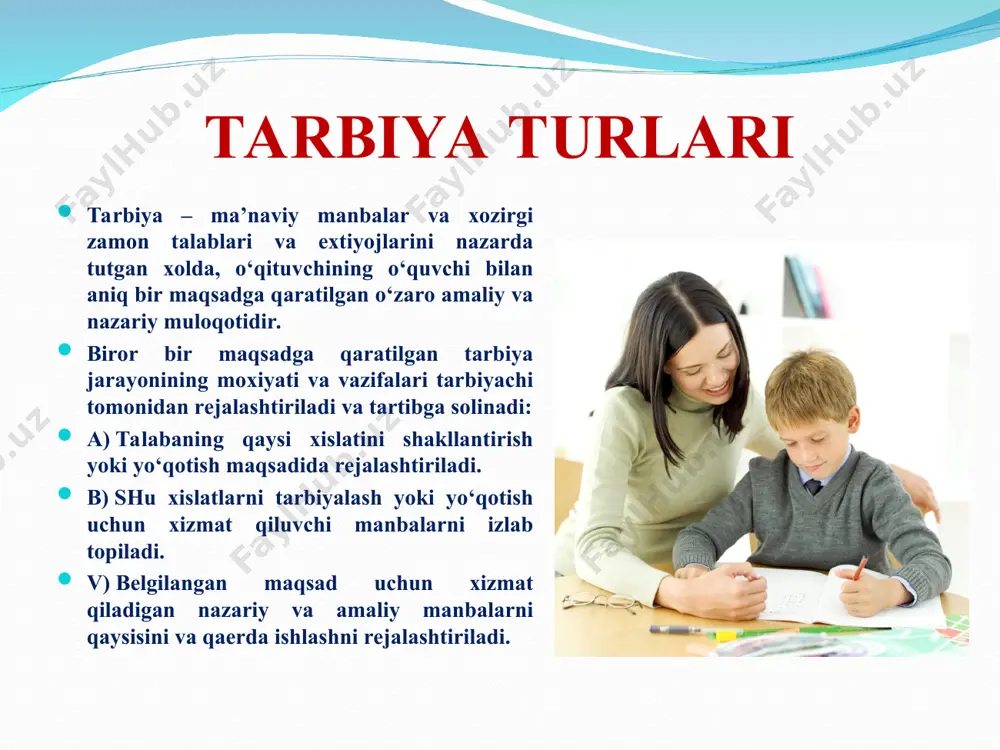 , ya’ni usul axborotni uzatish va qabul qilish xarakteriga qarab: 1. so‘z orqali ifodalash usuli. 2. ko‘rgazmalilik usuli. 3. amaliy, namuna usuli. 4. rag‘batlantirish va jazo usuli. yuqoridagi metodlar (usullar) o‘z navbatida quyidagi guruxchalarga bo‘linadi: birinchi gurux - so‘z orqali uzatish, maslaxat berish, ma’lumotlarni eshitish orqali qabul qilish, xikoya, ma’ruza, suxbat va boshqa usullarga; ikkinchi gurux - kinofilmlar, tasviriy san’at, badiiy san’at va boshqa ko‘rish orqali tarbiyalash usullariga; uchinchi gurux - tarbiya ma’lumotlarini amaliy mexnat xarakatlari orqali berish. o‘rnak ko‘rsatish, boshqalarni amaliy mexnatini misol qilib ko‘rsatish; to‘rtinchi gurux - o‘quvchi-talabalarning yaxshi bajargan ishlarini, o‘rtoqlari oldida yoki ota-onalar majlisida ma’qullash, minnatdorchilik bildirish, iqtisodiy yordam, stipendiyalarini oshirish, maqtov yorliqlari topshirish. tarbiya – xar bir insonning ayotda yashashi jarayonida ortirgan saboqlari va intellektual saloiyatlarining ijobiy ko‘nikmasini o‘zgalarga berish jarayoni. tarbiyalanganlik – milliy urf-odatimiz mezoniga kirmagan, o‘zgalarning nafratini qo‘zg‘atadigan xatti-arakatlardan o‘zini tiya bilish. bolaning xarakterini, oiladagi tarbiyasini, uning or-nomusini, sharm-ayosi kabi nozik tuyg‘ularining tarbiyalanganlik …