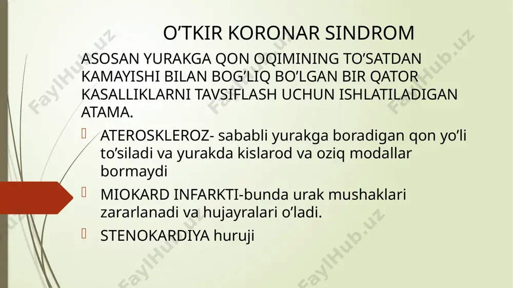 iyatli masala-1 58 yoshli bemor jinsi erkak kasalxonaga ko’krak qafasida kuchli siquvchi og’riq bilan olib kelingan. anamnez bo’yicha bemor 3 oy avval steonokardiya hurujini o’tkazgan, tekshiruvlarga ko’ra bemor rangi oqargan,qo’l kaftlari nam va sovuq, nisbatan markaziy sianoz bor ekg tahlilariga ko’ra rs-t oraliqni o’rta chiziqdan turg’un ko’tarilgan ssizning dastlabki tashxisingiz; javob;o’tkir koronar sindrom sizning davolash taktikangiz; javob; nitroglitserin purkash,og’riq qoldirish uchun morfin va qon suyultiruvchi antikougulant geparin sizning yakuniy tashxisingiz; javob;miokard infarkti vaziyatli masala-2 56 yoshli ayol nafas qisishi. ko’krak qafasi og’riq va chap yelkasi og’riyotganidan goh gohida bosh aylanishidan shikoyat qildi. anamnez bo’yicha bu holat 2 kundan beri takrorlanyapti.obektiv ko’rikda rangi rangpar,terisi nam,majburiy holatda ekg da rs-t tishlari oraliqni o’rta chiziqdan turg’un ko’tarilishi yangi paydo bo’lgan giss tutami chap oyoqchasi blokadasi bilan qoning biokimyoviy tahliliga ko’ra ast altga nisbatan oshgan. sssizning dastlabki tashxisingiz; javob;q tishchali miokard infarkti sining davo taktikangiz; javob; nitroglitserin, 325mg asperin chaynash,geparin,propronol bemorda yana nima bo’lishi …