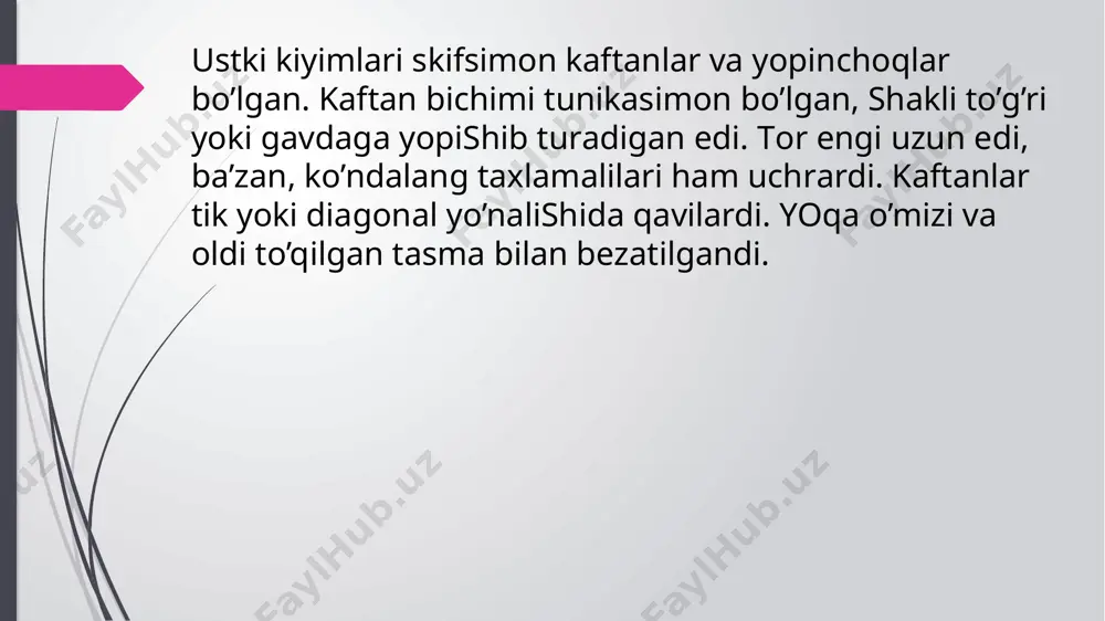 a rangli matodan qilingan hoshiya bilan bеzatilardi. jamiyat ijtimoiy tarkibini kashovarzlar- o’rta va mayda mulk egalari, badavlat dehqonzodalar- kata mulk egalari va ularga qaram kadivarlar- ijarachi qo’shnilar tashkil etadi, mahalliy hokimliklar timsolida davlat boshqaruv tizimi yaratiladi, jamiyat asosan zardushtiylik va buddaviylik, qisman moniylik, nasroniylik va shamanism mafkurasi asosida quriladi image1.png image2.png image3.emf image4.png image5.emf image6.png image7.emf image8.emf image9.emf image10.emf /docprops/thumbnail.jpeg