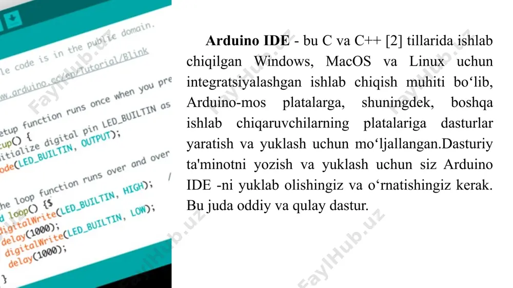 ering. shundan so‘ng, bu oyna ko‘rinmaydi. arduino ide oynasi ochiladi: quyidagi rasmda dasturning maydonlari va funktsional tugmalarining maqsadi ko‘rsatilgan: endi siz eskiz (kod) yozishingiz va arduino -ga yuklashingiz (yuklashingiz / o‘chirishingiz) mumkin. ammo bundan oldin siz arduino platasini kompyuterga ulashingiz va arduino ide dasturiga qaysi arduino platasini va qaysi portga ulanganligingizni aytishingiz kerak. arduino plata ulanishi: arduino platasini usb orqali kompyuteringizga ulaganingizdan so‘ng, arduino ide dasturiga qaysi arduino platasini ulaganingizni ko‘rsatishi kerak. buning uchun quyidagi rasmda ko‘rsatilgandek " инструменты> плата > название вашей платы " menyusidagi bo‘limdan kerakli platani tanlang: endi siz arduino platasi ulangan com portini tanlashingiz kerak. buni amalga oshirish uchun, quyidagi rasmda ko‘rsatilgandek, " инструменты> порт > номер доступного порта " menyusidagi mavjud portlar ro‘yxatidan kerakli com-portni tanlang: mustaqil ishlash uchun topshiriqlar: laboratoriya ishining nazariy materialini o‘rganish. arduino ide -ni rasmiy saytdan yuklab oling (http://arduino.cc/en/main/software) agar sizda zip faylidan windows va arduino ide bo‘lsa, drayverlarni drayverlar papkasidan …