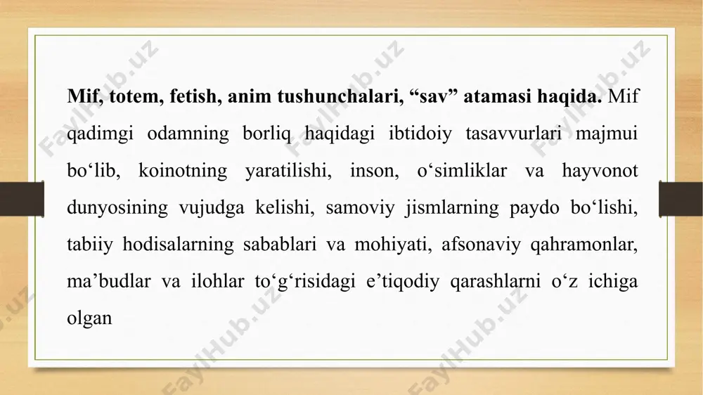 z qobiliyati, harakati natijasida baxtini topishi mumkinligiga umid paydo bo‘lishiga xizmat qilgan masalan, qadimdan taqdir tushunchasi odamlarning ongida mavjud bo‘lgan. har bir ko‘ngilsiz mushkulotni odam taqdir, deb qabul qilgan. ammo shunday afsonalar borki, ularda inson taqdiri uning o‘z qo‘lida ekani ta'kidlanadi. ya’ni inson xatti-harakati, niyati, ayniqsa, keskin qarori bilan qismatida o‘zgarish yasashi mumkinligi uqtiriladi xullas, afsonalar mazmun jihatdan, asosan, axborot yetkazuvchi o‘ta sodda syujetli uydirmalardan tashkil topadi. ularda ijod qilgan millatning, koinotdagi quyosh, oy, yulduz, sayyoralarning paydo bo‘lishi, geografik nomlarning izohi, turli-tuman tarixiy voqyealar, rasm-rusumlar sharhi o‘zining ifodasini topadi qadim zamonlardan ajdodlarimiz o‘z hayotiga tegishli har bir savolga, har bir muammoga, an'ana – udumlarga, hatto o‘zi yashayotgan vatanga ongli munosabatda bo‘lgan va xalq og‘zaki ijodining boshqa janrlari qatori afsonalar vositasida yakuniy xulosasini, tajribasini bildirgan. folklorshunoslikda afsonalarni tadqiq etish og‘zaki ijod tarixining nazariy va amaliy jihatlarini aniqlash imkonini beradi. image7.png image8.png image9.png image10.jpeg image11.jpeg image12.jpeg image3.png image4.png /docprops/thumbnail.jpeg