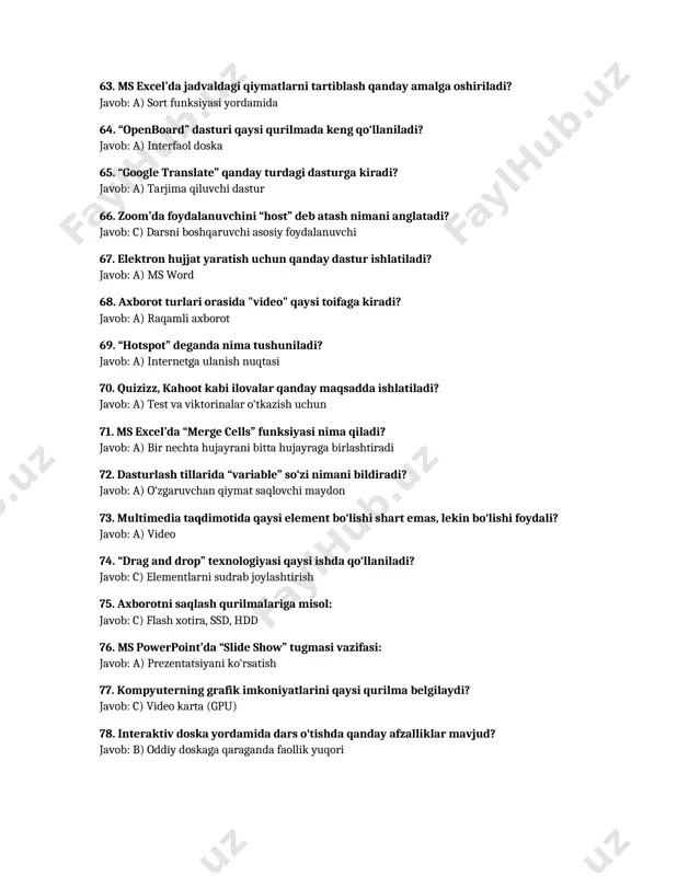 ddiy doskaga qaraganda faollik yuqori 79. powerpointdagi “smartart” vositasi yordamida nima qilinadi? javob: a) diagramma va grafik ifodalar yaratish 80. kompyuterda .mp4 kengaytmali fayl bu: javob: a) video fayl 81. bilimni baholashda avtomatik tizimlar qanday yordam beradi? javob: c) talabaning bilimini tez va xolis baholaydi 82. ms excel’da "conditional formatting" nima uchun ishlatiladi? javob: c) ma’lum shartlarga asoslangan ranglar berish uchun 83. axborot texnologiyalari yordamida dars sifatini oshirish mumkin, chunki... javob: a) vaqt tejaydi va ta’limni qiziqarli qiladi 84. “ram” qisqartmasi nimani bildiradi? javob: a) operativ (tezkor) xotira 85. online ta’limda talabalar bilan aloqa qanday amalga oshiriladi? javob: a) elektron pochta, chat, video aloqa orqali 86. “video converter” dasturi yordamida nima qilinadi? javob: a) video formati o‘zgartiriladi 87. interfaol darslar qanday vositalar bilan qo‘llab-quvvatlanadi? javob: b) interfaol doska, slaydlar, testlar 88. dasturlash tilida “kompilyator” nima vazifani bajaradi? javob: a) kodni mashina tiliga o‘giradi 89. web-brauzer nima? javob: c) internet sahifalarini …