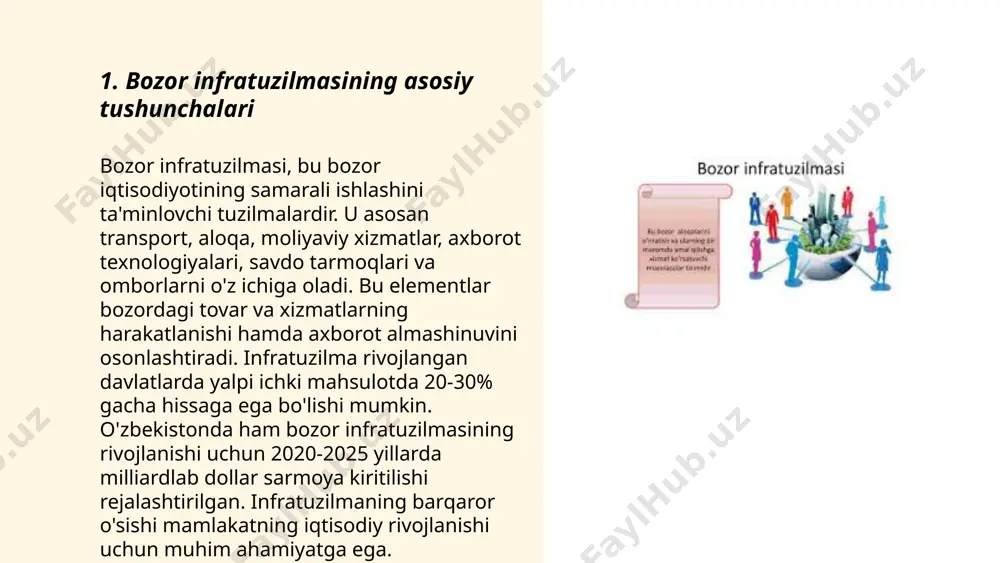 onalar va tashkilotlarga bozordagi ma'lumotlarni yig'ish, tahlil qilish va boshqarishda yordam beruvchi tizimlardir. ular bozor tendensiyalari, raqobatchilar faoliyati va mijozlar xatti-harakatlari haqida ma'lumot beradi. ma'lum bo'lishicha, 2022-yilda dunyo bo'ylab bozor axborot tizimlari bozori 40 milliard dollarga baholangan, va bu ko'rsatkich 2028-yilga kelib 65 milliard dollarga yetishi kutilmoqda. tizimlar korxonalarga samaradorlikni oshirish, xarajatlarni kamaytirish va raqobatda ustunlik olish imkonini beradi. bat orqali korxonalar real vaqt rejimida o'zgarishlarni kuzatish va strategik qarorlar qabul qilishadi. ... t.me/slaydai_bot 7. moliyaviy xizmatlar va ularning roli moliyaviy xizmatlar iqtisodiyotning asosiy tarkibiy qismi bo‘lib, ular moliyaviy vositachilik, saqlash, investitsiya va sug‘urta xizmatlarini o‘z ichiga oladi. jahon banki ma’lumotlariga ko‘ra, rivojlanayotgan mamlakatlarda moliyaviy xizmatlardan foydalanish aholining 30-40 foizini tashkil etadi. o‘zbekiston markaziy bankining 2021 yildagi hisobotiga ko‘ra, mamlakatda 31 ta tijorat banki faoliyat yuritadi. moliyaviy xizmatlar jamg‘arma va investitsiyalarni samarali boshqarish orqali iqtisodiy o‘sishni qo‘llab-quvvatlaydi. mckinsey global institute tadqiqotiga ko‘ra, raqamli moliyaviy xizmatlardan foydalanish 2025 yilga kelib global …