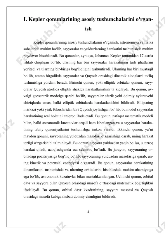 an qonunlardan biri bu — yohann kepler tomonidan kashf etilgan planetalar harakati qonunlaridir. bu qonunlar quyosh sistemasidagi sayyoralar va boshqa jismlarning orbitaviy harakatini tushunishda fundamental ahamiyatga ega. keplerning birinchi qonuniga ko‘ra, har bir sayyora quyosh atrofida elliptik orbita bo‘ylab harakat qiladi. ellipsning bir fokusida quyosh joylashadi. bu qonun sayyoralarning doira shaklida emas, balki ozgina cho‘zilgan ellips bo‘ylab harakat qilayotganini anglatadi. bu tushuncha osmon jismlarining orbitasidagi notekislikni izohlashda asos bo‘ladi. ikkinchi qonun — yuzalar tengligi qonuni ikkinchi qonunga ko‘ra, sayyora quyoshga yaqinlashganida tezroq, uzoqlashganida esa sekinroq harakat qiladi. ya’ni, sayyora va quyoshni tutashtiruvchi to‘g‘ri chiziq teng vaqt ichida teng yuzalar supuradi. bu qonun orbital tezlikning doimiy emasligini, balki orbitaning turli nuqtalarida o‘zgarib turishini ko‘rsatadi. uchinchi qonun — orbita davrining kvadrati bilan radiusning kubi o‘rtasidagi bog‘liqlik uchinchi qonun shuni anglatadiki, sayyoraning quyosh atrofida bir to‘liq aylanishiga ketadigan vaqt (orbita davri) bilan uning orbitasi o‘lchami (yarim katta o‘qi) o‘rtasida muayyan matematik bog‘liqlik mavjud. …
