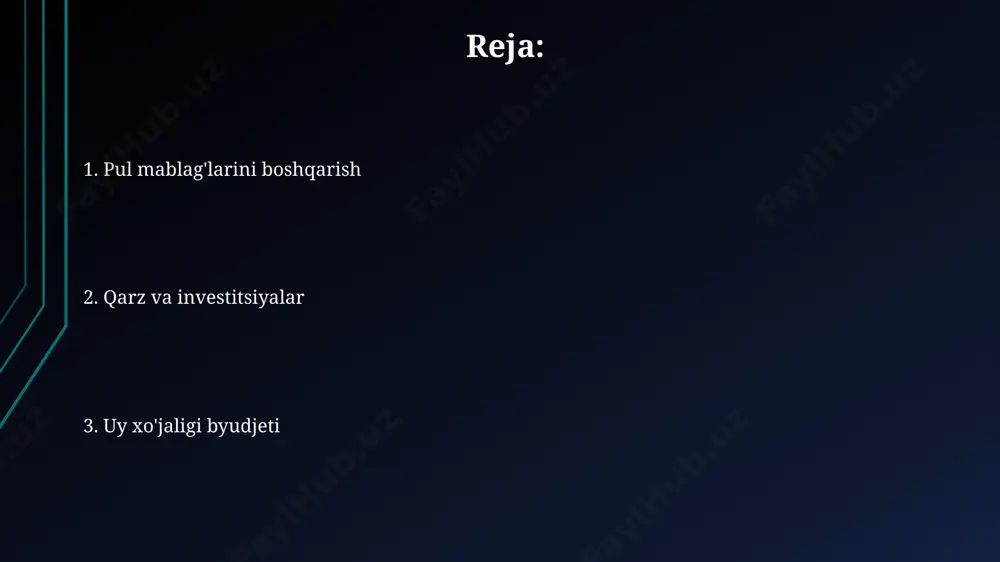 mablag'i yetarli bo'lishi mumkin. kredit kartalaridan foydalanishda, foiz stavkalarini va to'lov muddatlarini diqqat bilan o'rganing, chunki yuqori foiz stavkalari sizning moliyaviy ahvolingizga salbiy ta'sir ko'rsatishi mumkin. o'rtacha 15% dan yuqori foiz stavkalari xavfli hisoblanadi. e'tiboringiz uchun rahmat @taqdimot_robot image1.jpg image2.jpg image3.jpg image4.jpg image5.jpg