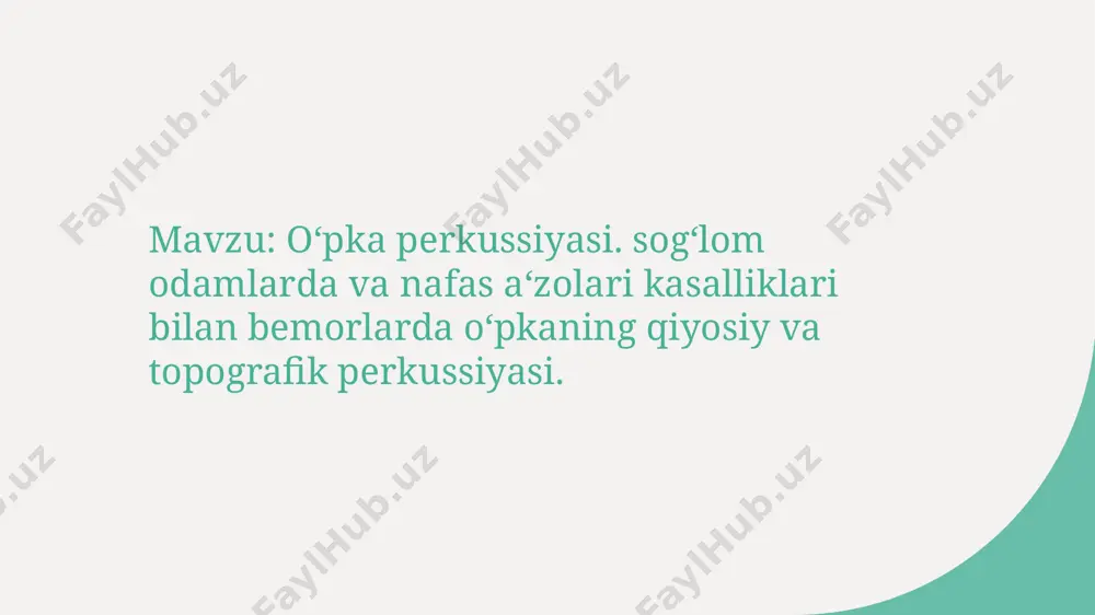 a pnömotoraks (yperrezonansiya) kabi holatlarni ajratishga yordam beradi. perkussiya nafas kasallari bilan kasallangan bemorlarda konsolidatsiya, ateletaksis yoki emfizem mavjudligini aniqlashga yordam berishi mumkin. qo‘llanma perkussiyasi qo‘llanma perkussiyasining tavsifi qo‘llanma perkussiyasi, og‘izni yopib, pastdagi organlarni va tuzilmalarni anomaliyalarning yoki to‘psizlikning tekshirish uchun boshqarishini o‘lchashni o‘z ichiga oladi. qo‘llanma perkussiyasi texnikalari texnikalar o‘rtacha va noaniq perkussiyani o‘z ichiga oladi, kuch va ritm farqliliklarini o‘rganish uchun to‘plamalar yoki sivagarchiliklarni aniqlashda foydalaniladi. qo‘llanma perkussiyasining klinik applikatsiyalari nafas yo‘llarini, qalb ifodasini va ko‘zni ichidagi sivagarchilikni baholash uchun fizik muayenelarda ishlatiladi, respirator va qalb kasalliklarini diagnoslashda yordam beradi. qo‘llanma perkussiyasining ahamiyati pnevmoniya, pleura effuziyasi, pnemotoraks yoki kattalangan organlarning anomaliyalarni aniqlashda zonalar va tovush o‘zgarishlari orqali zarurdir. nafas o‘qishni tekshirishda perkussiyaning ahamiyati 1 2 3 bog‘ ovozlarini tekshirish bog‘ holatlarini farq qilish nafas o‘qishni kuzatish perkussiya, dumning ovozlarini, masalan, quruqligini aniqlashda yordam bera oladi, bu pnevmoniya yoki pleural effuziyani ko‘rsatishi mumkin. perkussiya, ovoz va resonans asosida konsolidatsiya, …