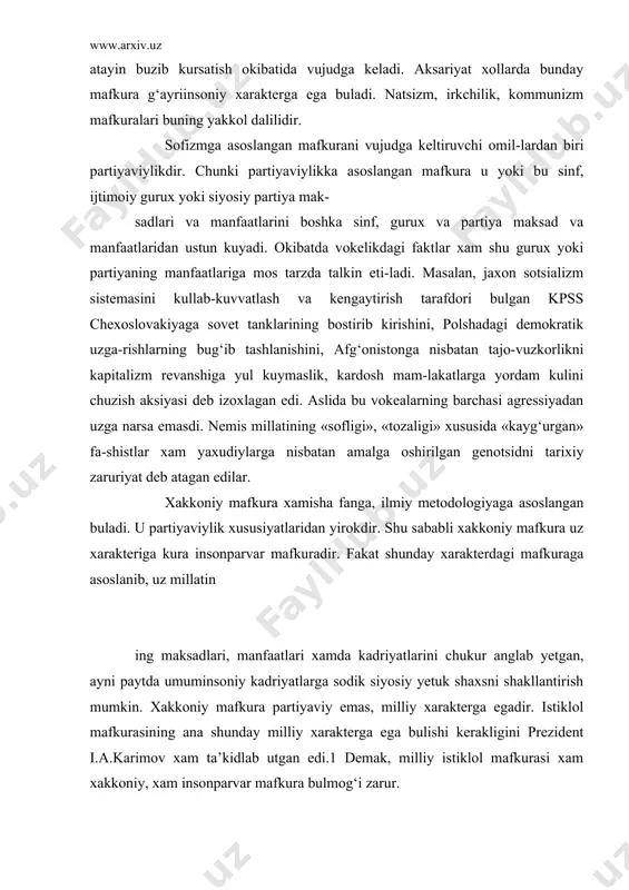 ega bulishi kerakligini prezident i.a.karimov xam ta’kidlab utgan edi.1 demak, milliy istiklol mafkurasi xam xakkoniy, xam insonparvar mafkura bulmog‘i zarur. jaxon tajribasiga kulok tutsak, mafkura turli yullar bi-lan shakllanishi mumkinligiga amin bulamiz. xozirgi zamon faylasuflari xar kanday mafkura turt yul bilan vujudga kel-tiriladi, deb xisoblaydilar: 1. kondensatsiya.mafkura kundalik ongda mavjud bulgan maf-kuraviy tasavvurlarning kayta ishlanishi, sistemalashtirilishi va nazariy darajaga kutarilishi natijasida xosil buladi. eko-nomizm mafkurasi, xozirgi zamon ekologik xarakati mafkurasi xuddi shu yusinda shakllangan. 2. konvergensiya. mafkura ikki yoki undan ortik mafkura-lardagi turli elementlarning birlashtirilishi okibatida vu-judga kelishi mumkin. bugungi kunda buyuk britaniyada ildiz ot-gan neokonservatizm mafkurasi aynan ana shu yul bilan tarkib topgan: unda amerika «intellektual» neokonservatizmi va yevropa neokonservatizmining axamiyatli g‘oya xamda konsepsiyalari bir-lashtirilgan. saksoninchi yillar urtasida aqshda yuzaga kelgan neoliberalizm mafkurasi xam an’anaviy liberalizm g‘oyalarini bugungi kun liberalizmi mafkurasidagi axamiyatli g‘oyalar bilan sintez kilish xosilasidir. 3. divergensiya. yangi mafkura eski mafkura tarkibidan joy olgan biror bir element …