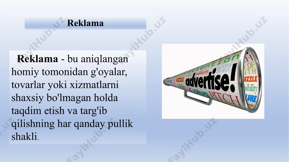 a resurslar. byudjetni belgilashda e'tiborga olinadigan omillar. mahsulotning hayot aylanish bosqichi, bozor ulushi brend yaratish reklamasining qisqarishi sotuvga qisqa muddatli zarar keltirmaydi. biroq, uzoq muddatda reklama xarajatlarini kamaytirish brendning imiji va bozor ulushiga uzoq muddatli zarar etkazishi mumkin. darhaqiqat, raqobatchilar o'zlarining reklama xarajatlarini kamaytirayotgan paytda o'zlarining reklama xarajatlarini saqlab qoladigan yoki hatto ko'paytiradigan kompaniyalar raqobatdosh ustunlikka ega bo'lishlari mumkin. misol uchun, buyuk turg'unlik davrida, raqobatchilar qisqartirayotgan bir paytda, avtomobil ishlab chiqaruvchi audi haqiqatda marketing va reklama xarajatlarini oshirdi. audi "qolganlar orqaga tortayotganda oyoqlarini pedalda ushlab turdi", dedi audi reklama direktori. natijada, audi, bmw, mercedes va lexus kompaniyalarini ortda qoldirdi. reklama byudjetini belgilash. reklama strategiyasi - bu kompaniya o'zining reklama maqsadlariga erishish strategiyasi va u quyidagilardan iborat: reklama xabarlarini yaratish; reklama vositalarini tanlash. reklama strategiyasini ishlab chiqish byudjet qanchalik katta bo'lmasin, reklama iste'molchilarni jalb qilsa va yaxshi muloqot qilsagina muvaffaqiyat qozonadi. yaxshi reklama xabarlari va mazmuni bugungi qimmat va tartibsiz reklama …