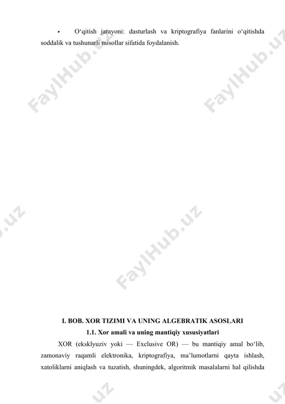 tufayli uzun ketma-ketlikdagi barcha elementlarni xor qilish mumkin bo‘ladi. 3. neytral element mavjudligi: a ⊕ 0 = a nol (0) xor amali uchun neytral elementdir. istalgan qiymatni 0 bilan xor qilish o‘sha qiymatning o‘zini beradi. 4. o‘zini o‘chiruvchi xususiyat (inversiya): a ⊕ a = 0 istalgan qiymatni o‘ziga xor qilish natijada 0 beradi. bu xususiyat ma’lumotlarni shifrlashda, xotirada joy tejashda, hamda xatoliklarni aniqlashda juda foydali hisoblanadi. 5. teskari amal sifatida o‘zini qaytaruvchanlik: agar a ⊕ b = c bo‘lsa, u holda a = b ⊕ c va b = a ⊕ c. ya’ni xor amali orqali olingan natijaga bitta operandni qayta xor qilsak, ikkinchi operandni qayta tiklab olish mumkin. bu xususiyat simmetrik shifrlash algoritmlarida asosiy rol o‘ynaydi. 6. bitlar ustida mustaqil ishlash: xor amali har bir bit ustida alohida bajariladi. masalan, 8-bitli sonlarni xor qilishda har bir bit juftligi alohida qayta ishlanadi. bu esa parallel hisoblash imkonini beradi. xor amalining …