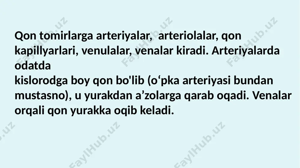 n qoplangan. yurak devori toj arteriyalar hisobiga oziqlanadi. toj arteriyalar tarmoqlanib yurak devorining uchala qavatiga yunaladi va kapillarlarga bo'linadi. kapillarlar qo‘shilib toj venalarini hosil qiladi. toj venalar o‘ng bo'lmachaga yoki g‘ovak venasi ichiga quyiladi. regeneratsiyasi. yangi tug'ilgan chaqaloqlarda va yosh bolalarda, kardiomiotsitlar hali bo'linish xususiyatiga ega bo'ladi. shuning uchun bu davrda regeneratsiya jarayoni kardiomiotsitlar sonining oshishi bilan boradi. kattalarda miokardning fiziologik regeneratsiyasi hujayralar sonining oshishi bilan emas, balki hujayra ichki regeneratsiyasi yo'li bilan boradi. uzluksiz jismoniy zo'riqishlar ta’sirida miokardda hujayralar soni oshmaydi, ammo ularning sitoplazmasida umumiy organellalar va miofibrillalar miqdori oshadi, hujayra kattalashadi (funksional gipertrofiya ro‘y beradi). e’tiboringiz uchun rahmat ! image1.jpeg image2.jpeg image3.jpeg image4.jpeg image5.jpeg image6.png image7.jpeg image8.jpeg /docprops/thumbnail.jpeg
