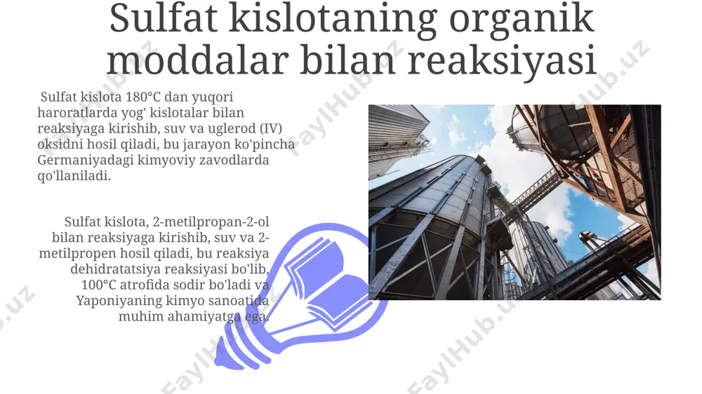 kt usuli kontakt usulida olinadigan sulfat kislotaning konsentratsiyasi 98% ga yetishi mumkin va bu jahon bo'yicha ko'plab sanoat sohalarida qo'llaniladi. ushbu jarayon o'rtacha 97% dan yuqori samaradorlik bilan, masalan, samarqanddagi kimyo zavodlarida amalga oshiriladi. sulfat kislotaning fizikaviy xossalari sulfat kislotaning qaynash harorati 337°s ni tashkil etadi. bu yuqori qaynash harorati uning kuchli molekulararo bog'lanishlari bilan bog'liq bo'lib, masalan, moskva shahridagi tajribalarda aniqlangan. sulfat kislotaning zichligi 1,84 g/sm³ ga teng bo'lib, bu suvdan ancha yuqori va 20°s haroratda o'lchanadi. uning yuqori zichligi tufayli, ehtiyotkorlik bilan ishlash talab etiladi, masalan, tokiodagi kimyoviy zavodlarda maxsus uskunalar qo'llaniladi. sulfat kislotaning metallar bilan reaksiyasi 01 02 sulfat kislotaning konsentrlangan eritmasi 65°c dan yuqori haroratda temir, alyuminiy kabi metallar bilan reaksiyaga kirishib, ularning sirtini himoya qiluvchi oksid qatlami hosil bo'lishiga olib keladi, bu esa reaksiyaning davomini to'xtatadi. sales 1st qtr 2nd qtr 100 0 sales 1st qtr 2nd qtr 100 0 sulfat kislota: kirish sulfat kislota …