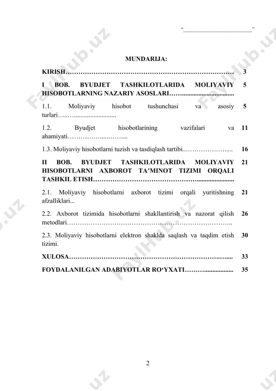 bois, moliyaviy hisobotlarning to‘g‘ri shakllantirilishi, ular asosida tahlil va qarorlar qabul qilinishi hamda axborot tizimlari yordamida maʼlumotlarning tezkor va ishonchli taqdim etilishi dolzarb masalalardan hisoblanadi. moliyaviy hisobotlar va ularning axborot taʼminot tizimi bugungi kunda byudjet tashkilotlarining samarali faoliyati uchun eng muhim vositalardan biri hisoblanadi. zamonaviy davlat boshqaruvi va moliyaviy resurslarni oqilona taqsimlash sharoitida tashkilotlar o‘z moliyaviy holatini aniq bilishi, xarajat va daromadlar bo‘yicha to‘liq hisobot berishi, shuningdek, moliyaviy nazoratni samarali tashkil etishi zarur. byudjet tashkilotlarida moliyaviy hisobotlar tizimi va ularning axborot taʼminoti dolzarb masalalardan hisoblanadi, chunki ular orqali rahbariyat tezkor va asosli qarorlar qabul qilishi mumkin. kurs ishining dolzarbligi - ko‘plab byudjet tashkilotlarida moliyaviy hisobotlar an’anaviy usullarda shakllantiriladi, bu esa vaqtni ko‘p talab qilishi, xatolikka moyillikni oshirishi va ma’lumotlarning tezkor yetkazilishini qiyinlashtiradi. shu bilan birga, zamonaviy axborot-kommunikatsiya texnologiyalari yordamida hisobotlarni elektron tizimlar orqali yuritish imkoniyati mavjud bo‘lib, bu byudjet tashkilotlarida moliyaviy nazorat va tahlil jarayonlarini sezilarli darajada soddalashtiradi va samaradorligini …