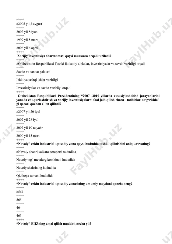 ishi mumkin ==== erkin savdo zonalari, erkin ishlab chiqarish zonalari tarzida tuzilishi mumkin ==== erkin savdo zonalarituzilishi mumkin ==== erkin ishlab chiqarish zonalari, erkin ilmiy-texnikaviy va boshqa zonalar tarzida tuzilishi mumkin ++++ prezidentning qaysi farmoniga asosan navoiy viloyati karmana tumani hududida o‘zbekistondagi birinchi erkin zona – “navoiy” erkin industrial-iqtisodiy zonasi (eiiz) tashkil etildi? ==== #pf-4059- sonli farmoniga asosan ==== pf-4055-sonli farmoniga asosan ==== pf-4061-sonli farmoniga asosan ==== pf-4058-sonli farmoniga asosan ++++ “jizzax” erkin iqtisodiy zonasi qachon tashkil etilgan? ==== #2013 yil 18 martda ==== 2011 yil 10 martda ==== 2010 yil 16 martda ==== 2012 yil 17 martda ++++ “jizzax” erkin iqtisodiy zonasining umumiy maydoni qanchaga teng? ==== #524 ==== 565 ==== 464 ==== 465 ++++ prezidentning qaysi farmoniga asosan «urgut» eiz, «g‘ijduvon» eiz, «qo‘qon» eiz va «hazorasp» eiz lar tashkil etildi? ==== #2017 yil 12 yanvar pf- 4931 ==== 2017 yil 12 yanvar pf-4930 ==== 2016 yil 12 yanvar …