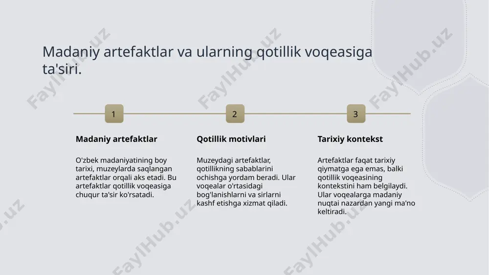 aniy kontekst va tarixiy jihatlar. 1 madaniy kontekst muzeyda sodir bo'lgan qotillik voqeasi, o'zbekistonning boy madaniy merosi va tarixiy konteksti bilan shug'ullanadi, bu esa voqeaga chuqur ma'no beradi. 2 tarixiy jihatlar qotillik voqeasi, tarixiy artefaktlar va ularning ahamiyati orqali o'zbekiston madaniyatining rivojlanishi haqida bilim beradi, voqea esa tarixiy muhit orqali tasvirlanadi. 3 madaniyat va jinoyat muzeyda sodir bo'lgan qotillik, madaniyat va jinoyat orasidagi murakkab munosabatlarni ochib beradi, bu esa detektiv hikoyaning asosiy dramatik elementidir. xulosa 1 muzeydagi artefaktlar ahamiyati - muzeydagi artefaktlar o'zbek madaniyatining boy tarixini aks ettiradi. ular madaniy merosni saqlashda va tarixiy bilimlarni oshirishda muhim rol o'ynaydi. 2 qotillik va detektiv hikoya - "muzeydagi sirli qotillik" asarida detektiv hikoya va sirlar o'zaro bog'langan. har bir qahramon va artefakt voqeani yanada qiziqarli qiladi, sirlarni ochadi. 3 madaniyat va jinoyat munosabati - muzeyda sodir bo'lgan qotillik, madaniyat va jinoyat o'rtasidagi murakkab munosabatlarni ochib beradi. bu, voqeani tarixiy kontekstda chuqurroq tushunishga …