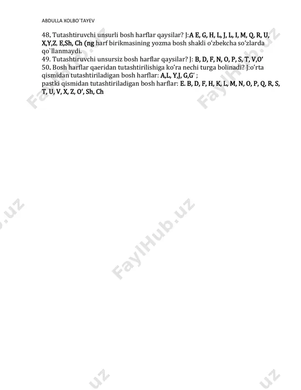 arflar 2. tutashtiruvchi unsursiz bosh harflar 43. yozma kichik va bosh harflarning qator oralig’ining qayeridan boshlanib yozilishiga ko’ra necha guruhga bo’linadi? j: 1. qator oralig’ining ustki chizig’idan boshlanib yoziladigan harflar. 2. qator oralig’ining ostki chizig’idan boshlanib yoziladigan harflar 44. kichik yozma harflar o’z navbatida nechta guruhga bo’linadi? j: a) qator oralig’ining ustki ustki chizig’idan boshlanadigan harflar. i, j, m, n, p, t, u, v, y, ng. b) qator oralig’ining ustki chizig’ining pastidan boshlab yoziladigan harflar. a, g, o, q, r, s, x, z, g’, o’, sh, ch, b, d, e, h, k, l 45. bosh yozma harflar esa qanday guruhlarga bo’linadi? j: yuqoridan boshlab yoziladigan harflar: b, d, e, f, g, h, j, k, o’, i, o, p, q, r, s, t, u, v, z, y, z, g’, sh, ch, pastdan boshlab yoziladigan harflar: a, i, m, n 46. tutashtiruvchi unsurli kichik harflar o’zidan keyingi harf bilan qayeridan tutashtirilishiga kora …