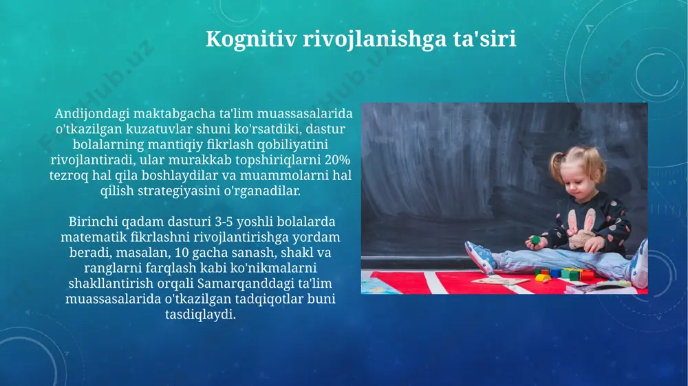 n o'tkazilgan 3 ta o'quv seminari, bolalarning ijtimoiy moslashuvchanligini 25% ga oshirdi. maktabgacha ta'lim muassasalarida o'tkazilgan 2022-yilgi so'rovnomalar natijalariga ko'ra, ota-onalar bilan muntazam aloqa o'rnatish, bolalarning o'quv faoliyatiga 30% ijobiy ta'sir ko'rsatadi. maktabgacha yoshdagi bolalar rivojlanishida birinchi qadam dasturining ahamiyati farg'ona viloyati maktabgacha ta'lim muassasalarida qo'llanilgan “birinchi qadam” dasturi natijasida bolalarning matematik qobiliyatlari 25%, mantiqiy fikrlashi esa 18% oshganligini ko'rsatuvchi ma'lumotlar mavjud. toshkent shahridagi 3 ta bog'chada sinovdan o'tkazilgan “birinchi qadam” dasturi bolalarda nutq rivojlanishini 15% va ijtimoiy moslashuvchanligini 10% yaxshilashga yordam berdi. dasturning samaradorligi 100 nafar bola ustida o'rganildi. bolaning ijtimoiy-emotsional rivojlanishiga ta'siri dastur natijalariga ko'ra, toshkentdagi 100 nafar bola orasida 75 nafari o'z his-tuyg'ularini ifoda etish ko'nikmalarida 15 ballga yaxshilanish ko'rsatdi, bu ijtimoiy-emotsional rivojlanishning muhim ko'rsatkichidir. farg'ona viloyatida o'tkazilgan tadqiqotlar shuni ko'rsatdiki, 50 nafar bola ishtirok etgan dastur ularning hamkorlik qilish qobiliyatini 30% ga oshirdi va tengdoshlari bilan munosabatlarini yaxshilashga yordam berdi. e'tiboringiz uchun rahmat @taqdimot_robot image3.png image4.jpg …