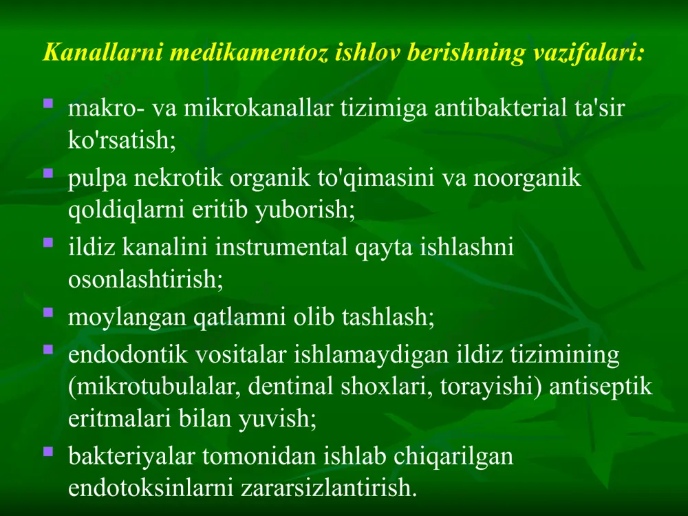 tal, germany). rinsendo u stomatologik qurilmaning turbinali dastagigajoyiga o'rnatiladi va uchini siqilgan havo bosimidan foydalanib irrigatsion eritmasini ildiz kanalining apikal qismiga yuborish uchun ishlatiladi. rins endo turbinali dastak ulagichiga ulanadi; eritma apikal foramenga yetadi; igna uchi yon tomoni bilan kesilgan (7 mm) ignaning maxsus dizayni (diametri 0,45 mm, uzunligi 28 mm); apeksga eritma tushishini oldini olish; asboblar avtoklavda 134 ° s haroratda sterilizatsiya qilinadi. qulayliklari gidrodinamik faollashuv kanalni irrigatsiya qilishga yordam beradi, apikal teshikka qadar irrigatsiya eritmasi tufayli yuqori klinik samaradorlik: ildiz dentinining chuqur qatlamlariga kiradi uni barcha ma'lum ildiz kanallarini sug'orishda ishlatish mumkin. yetakchi stomatologik bo'limlarning turbinali qo'l uzatgichlariga ulanadi yuqori texnik ishonchlilik bitta dasrtakdan iborat endovac jarayon oxirida mikrofloraning yo’qligi moylangan qatlamni olib tashlash, plomba moddasining(siler) dentin bilan yopishishini 22,5 martaga oshiradi. antiseptik bog’lam(vaqtincha ildiz plombalari) maqsadi - infektsiyani kamaytirish uchun, shuningdek yallig'lanishni to'xtatish va periapik markazni qayta tiklashni rag'batlantirish uchun makro, mikrokanallar va periodontal tizimiga uzoq vaqt …