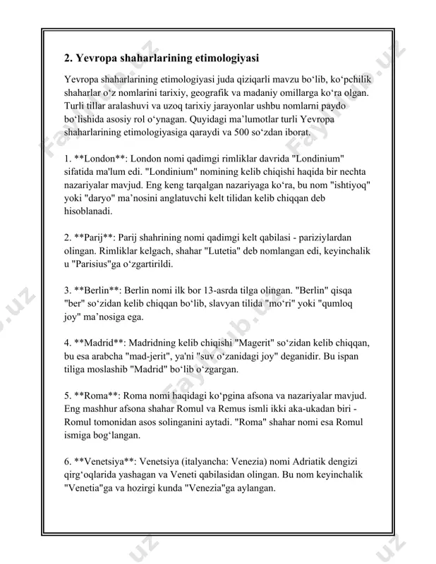 : qozog‘iston va qirg‘iziston chegarasida joylashgan katta shorin ko‘l bo‘lib, sirdaryodan suv oladi. - tuzko‘l: o‘zbekistonning eng yirik tuz ko‘llaridan biri bo‘lib, uran va boshqa minerallarni ishlab chiqarish uchun ishlatiladi. - aydarko‘l: 1969 yilda amudaryodan suv to‘ldirilishi natijasida hosil bo‘lgan sun'iy suv ombori. maydoni taxminan 3000 km². - karokul: qoraqalpog‘iston avtonom respublikasi hududida joylashgan sho‘r ko‘llardan biri hisoblanadi. - toshkentdagi chorvoq suv ombori: ulkan rekratsion zona va sun'iy suv ombori bo‘lgan. maydoni taxminan 60 km². 3. umumiy ma'lumotlar: - o‘zbekiston hududida daryolar uzunligi ko‘pincha g‘arbga yoki janubga oqadi. - amudaryo va sirdaryo orol dengiziga quyadigan asosiy ikki daryo bo‘lgan va orol dengizining qurigan qismi salbiy ekologik ta'sirlarni keltirib chiqargan. - amudaryo va sirdaryo suvlarining asosiy manbalari bahor qushyoqlarida qor erishi va yoz yomg'irlarida suv miqdorining oshishi bilan bog'liq. - orol dengizining ekologik muammolari sababli, mintaqada keng ko‘lamli ekologik loyihalar amalga oshirilgan. bu daryolar va ko‘llar ayniqsa o‘zbekiston va markaziy osiyoning …