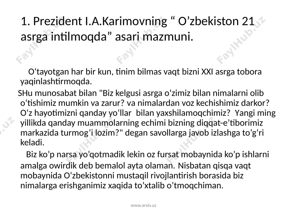 a 24 yil bo’lganiga qaramasdan diyorimizda juda koplab ishlar amalga oshirildi. birgina yangi binolar qurish va yo’llarni tamirlash ishlari uchun xar yili juda katta sarmoya ajiratiladi. 2012- yil 6400 ta, 2013- yil 9000, 2014 yili 11000 ming uy qurilgan bolsa bu 2015 yili 14000 migdan ziyod yangi uylar qurilishi rejalashtirilgan edi xozirgi kungacha 12 mingtasi qurib bitgazilib topshirildi. xuquqiy tomondan ham ko’plab yangi qonun va qarorlar qabul qilindi. xozirgi kunda kichik biznes va xususiy tadbirkorlarga juda keng va qulay imkoniytlar yaratilib berilmoqda. bu esa davlatimizga ham yaxshi foyda keltiradi. www.arxiv.uz xozirgi vaxtga kelib yangidan yangi konlar topildi va metalning ko’plab turlarini aniqlashdi. bu esa mamlakatimiz rivojiga xissa qo’shadi. bundan tashqari sog’liqni saqlash ishlariga aloxida e’tibor berildi. muxtaram prezidentimiz i.a.karimov aytganlaridek “millatimiz, xalqimiz, yosh tug’ilib kelayotgan avlodlarimiz sog’lom bo’lsa wu xalqimning ertasi bor” deb bejiz aytmaganlar “ sog’lom ona va bola yili” ni misol qilib olishimiz mumkin. bu nom bejiz keltirib …