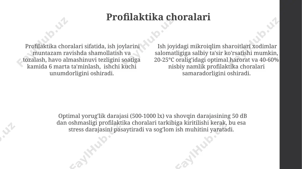ddalar ta'siri yuqori haroratli ish joylarida ter ajralishining ortishi tufayli suvsizlanish xavfi ortadi, bu esa ish unumdorligini 15-20% ga pasaytirishi mumkin. ish joyidagi havoda 5 mg/m³ dan yuqori konsentratsiyada mavjud bo'lgan zararli chang zarralari nafas olish yo'llarining yallig'lanishiga va surunkali kasalliklarga, masalan, silikozga olib kelishi mumkin. kimyoviy moddalarning bug'lari bilan doimiy aloqa miya faoliyatini susaytiradi, xotira va konsentratsiyaga ta'sir qiladi, reaksiya tezligini 10% gacha pasaytiradi. gipoksiya gipoksiya, kislorod yetishmasligi tufayli hujayralarning shikastlanishiga olib keladi va ish unumdorligini 15-20% ga pasaytirishi mumkin, bu esa xodimlar sog'lig'iga salbiy ta'sir ko'rsatadi. ish joyidagi gipoksiya, hatto engil darajalarda ham, diqqatni jamlash qobiliyatini pasaytiradi va xatoliklar sonini 25% gacha oshirishi mumkin, bu esa xavfsizlikka tahdid soladi. gipoksiyaning surunkali ta'siri, qon bosimining oshishi va yurak-qon tomir kasalliklari xavfini 30% ga oshirishi mumkin, bu esa tibbiy xarajatlarning ortishiga olib keladi. radiatsiya ta'siri infraqizil nurlanishiga uzoq vaqt ta'sir qilish ko'zning linzasiga shikast yetkazishi, katarakta xavfini 15% ga oshirishi …