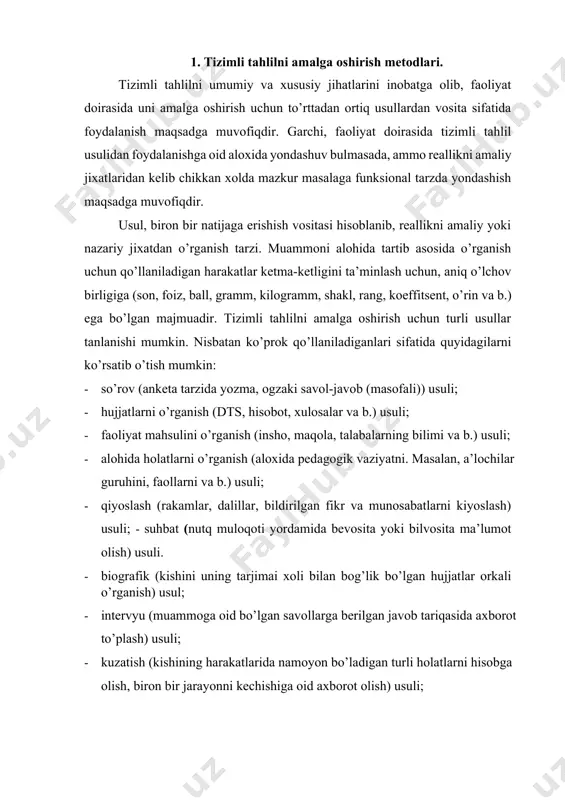 a etilgan bulib, o’zaro munosabatlar tuzilishi bilan psixologik qovushuvchanlikni aniqlash maqsadida guruh va jamoalardagi shaxslararo munosabatlarni o’rganish. bugungi kunda sotsiometriyani turli variantlari ishlab chikilgan usuli: · test (standartlashtirilgan sinov bo’lib, uning yordamida u yoki bu xildagi psixik jarayon baholanib, shaxsni bir butunligicha o’rganish mumkin) usuli; · eksperiment (muammoli vaziyatni xal kilish jarayoni, xattoki shaxsning histuyg’ulari, xarakteri, kobiliyati, akl-zakovatini o’rganish mumkin. bunda, ob’ektga ta’sir etadigan barcha omillar qat’iy nazorat kilgan holda ko’zatiladi) usuli; · modellashtirish (jarayonni bilvosita o’rganishga asoslangan bo’lib, bunda biron ob’ektning xususiyatlarini o’rganish uchun maxsus ravishda tuzilgan boshqa ob’ektda qayta hosil qilish tushuniladi) usuli; · prognozlash (biror-bir hodisaning kelajakdagi holati haqidagi mulohaza) usuli; - ekstrapolyasiya (lot. ekstra-tez, polio-silliqlayman, to’g’rilayman) biror hodisaning alohida qismini kuzatish natijasida olingan xulosani shunga o’xshash hodisaning boshqa bir qismiga, boshqa hududiga (manzilga, joyga) tadbiq etish) usuli. shu bilan birga biografik va tarixiy-qiyosiy usullarni xam ko’rsatib o’tish mumkin. biografik metod (yunon tilida bios - xayot, graho …