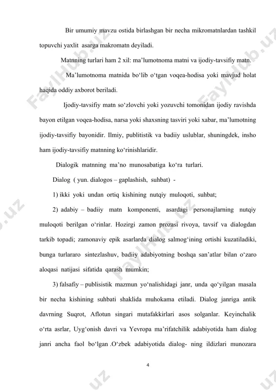 asvirlashning asosiy shakli. ayni chog‘da, shartli ravishda tasvirlanuvchi bunday ruhiy jarayonlar voqealarga g‘oyaviy – hissiy munosabatni ifodalash, ayrim muhim tafsilotlarni berish, syujet rivojini asoslash kabi qator muhim funksiyalarni ham bajaradi. monolog lirikaning ustuvor nutq shakli, lirik qahramon kechinmalari, asosan, uning monologi orqali ifodalanadi. bu narsa ijroviy lirika namunalarida, ayniqsa, yaqqol ko‘zga tashlanadi, shuning uchun amaliyotda bunday she’rlar monolog deb ham yuritiladi ( a. oripov. “ hamza”; x. davron. “abulhay so‘zi” ) . sifat jihatidan monologning turli ko‘rinishlari mavjud ( q. badiiy nutq, ichki monolog). matn tahlili va tahriri badiiy tahlil - matn tahlilining murakkab turlaridan bo‘lib, unda xilma-xil vazifalar bajariladi. chunki bu tahlildan kuzatiladigan maqsad asarning xususiyatlarini o‘rganishdir. badiiy matnda kishilarning munosabatlar doirasida bir-biri bilan bog‘langan kishilar hayotining ma’lum davridagi voqealari tasvirlanadi. bu voqealarda davrning siyosiy ijtimoiy, madaniy va ahloqiy hayoti o‘z aksini topadi. matnning adabiy tahlilida quyidagi maslalarga alohida e’tibor berilishi lozim: 1.badiiy matn tahlilida tasvirlangan voqelik va shu …