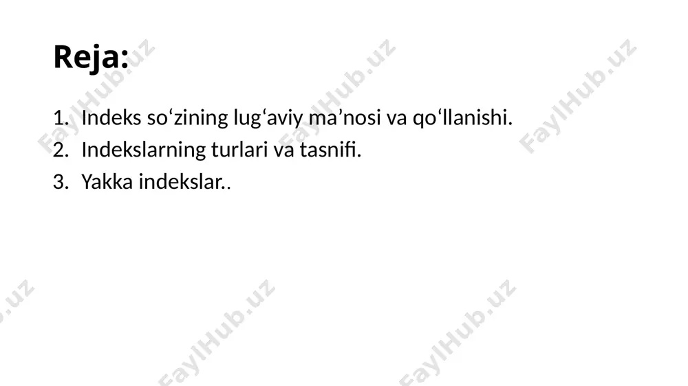 uchun, ya’ni turdosh mahsulotlarning hajmi qanday o‘zgarganligini bilish uchun taqqoslashdan oldin taqqoslanuvchi va taqqoslanadigan davrlarda mahsulot hajmi o‘zgarmas (bitta davr) baholarda hisoblaniladi, agar bahoning o‘zgarishini o‘lchamoqchi bo‘lsak, mahsulot miqdorining ta’sirini yo‘qotish kerak. bu indeks metodining o‘ziga xos xususiyatidir. 6 2. indekslarning turlari va tasnifi indeks metodi yordamida murakkab hodisalarning vaqt bo‘yicha va hududiy o‘zgarishi, reja va buyurtmalar bajarilishi o‘rganiladi. mana shu vazifalarga qarab indekslar quyidagi turlarga bo‘linadi: - dinamika indekslari; - hududiy indekslar; -reja yoki buyurtmalarning bajarilishi indekslari. 7 indeks metodi o‘rtacha ko‘rsatkichlarning o‘zgarishini o‘rganishda ham keng qo‘llaniladi. masalan, joriy davrda o‘tgan davrga nisbatan turdosh tovarlar uchun o‘rtacha baho o‘zgarishini o‘rganmoqchi bo‘lsak, joriy davrdagi o‘rtacha bahoni o‘tgan davrga bo‘lamiz. ma’lumki, o‘rtachalarni o‘zgarishiga faqat o‘rtalashtirilayotgan belgini o‘zgarishi emas, balki shu to‘plam tarkibining o‘zgarishi ham ta’sir qiladi. demak, o‘rtachaning o‘zgarishiga ikki omil ta’sir ko‘rsatadi. bu omillar ta’sirini baholash uchun statistikada o‘zgaruvchan va o‘zgarmas tarkibli hamda tarkibiy siljishlar indekslari hisoblanadi. 8 indekslar to‘plam …